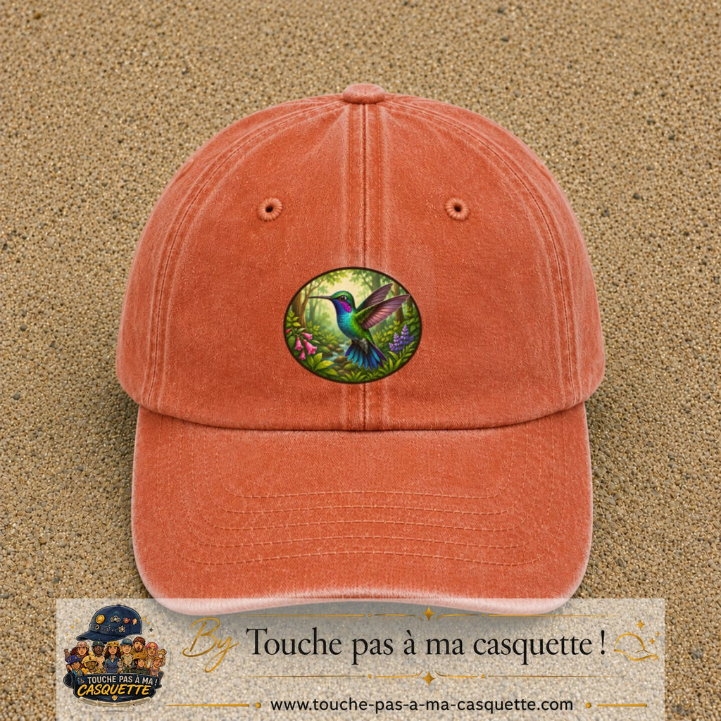 Casquette baseball Orange délavé - Corail délavé 100% coton avec visuel Colibri tropical 7 cm - image produit principale