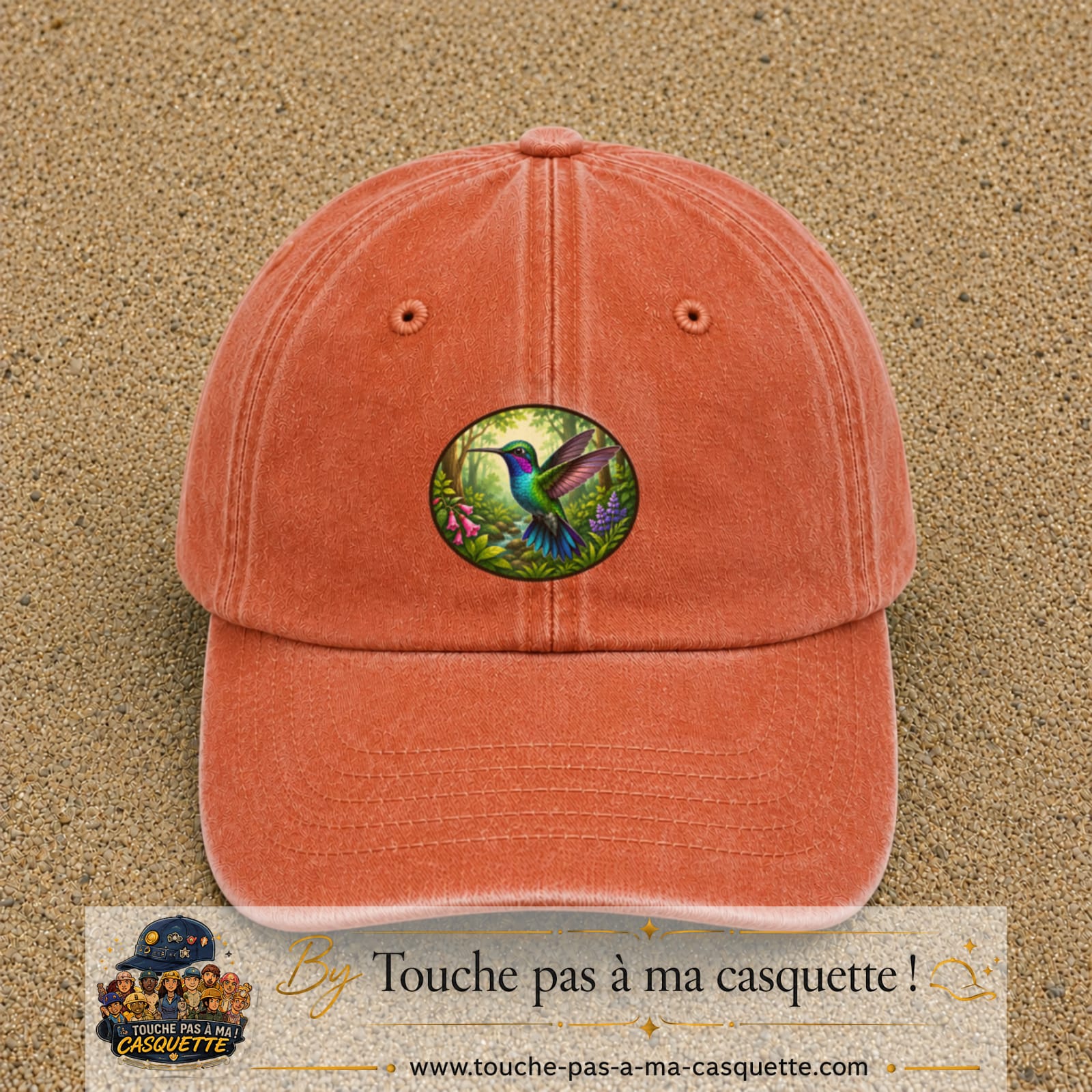 Casquette baseball Orange délavé - Corail délavé 100% coton avec visuel Colibri tropical 7 cm - image produit principale