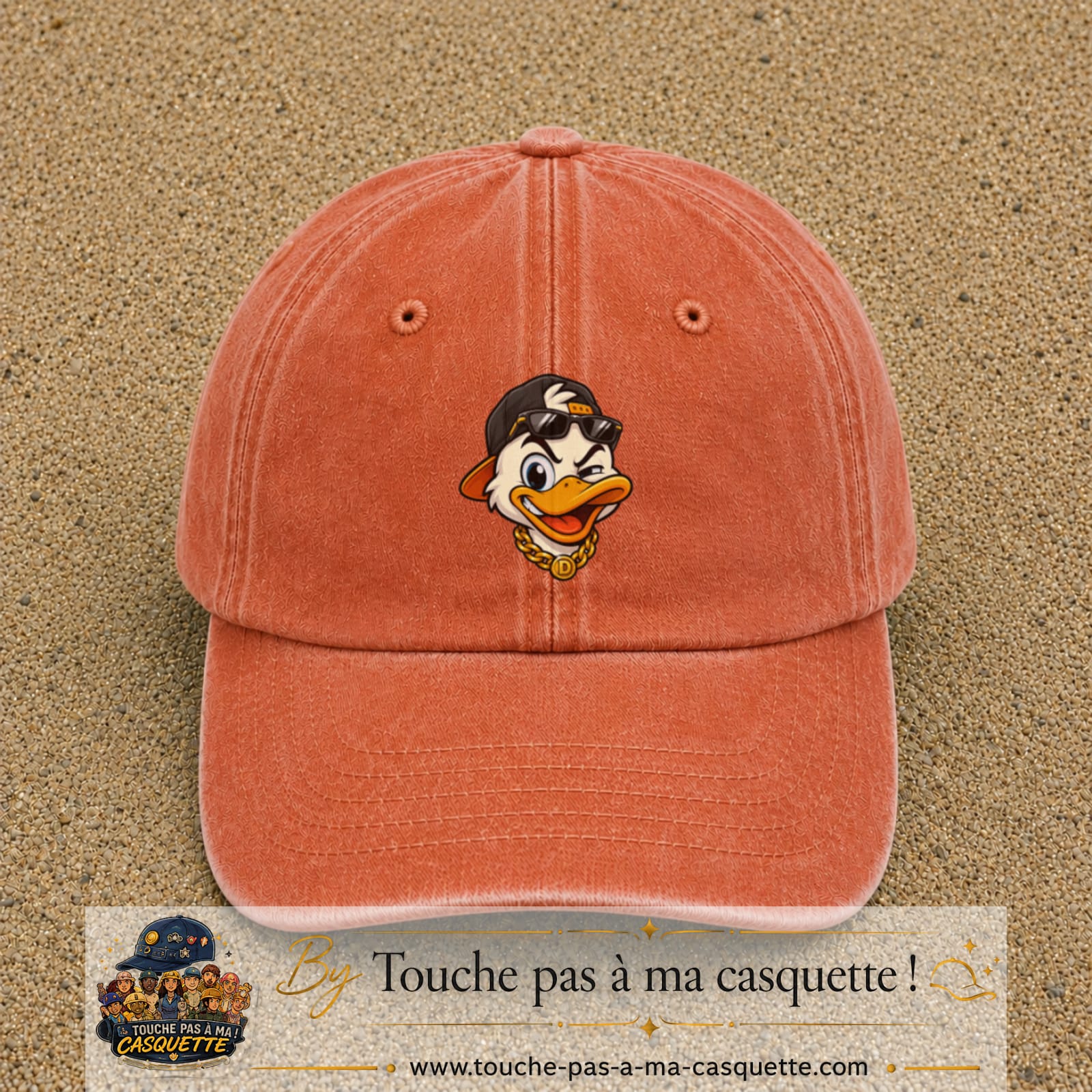 Casquette baseball Orange délavé - Corail délavé 100% coton avec visuel Canard hip-hop clin d’œil 7 cm - image produit principale