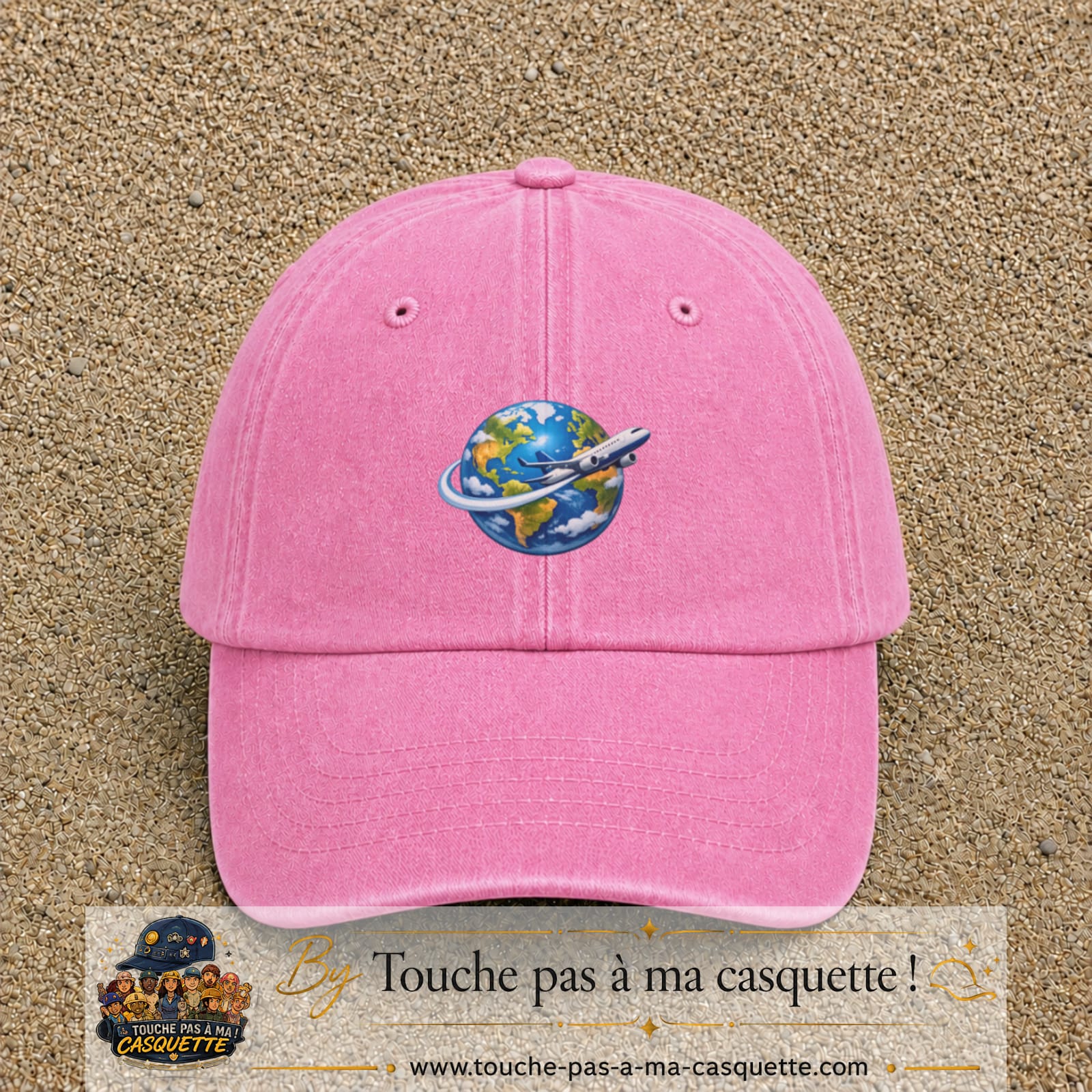 Image principale produit82moyenRS - casquette Rose délavé avec visuel Monde avion 5 cm