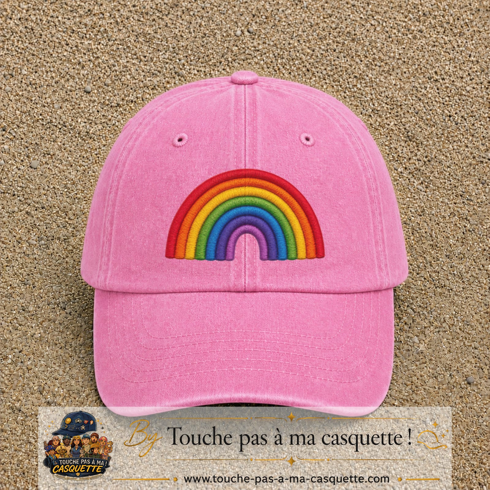 Image principale produit187grosRS - casquette Rose délavé avec visuel Arc-en-ciel 7 cm
