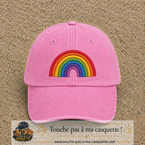 Image principale produit187grosRS - casquette Rose délavé avec visuel Arc-en-ciel 7 cm