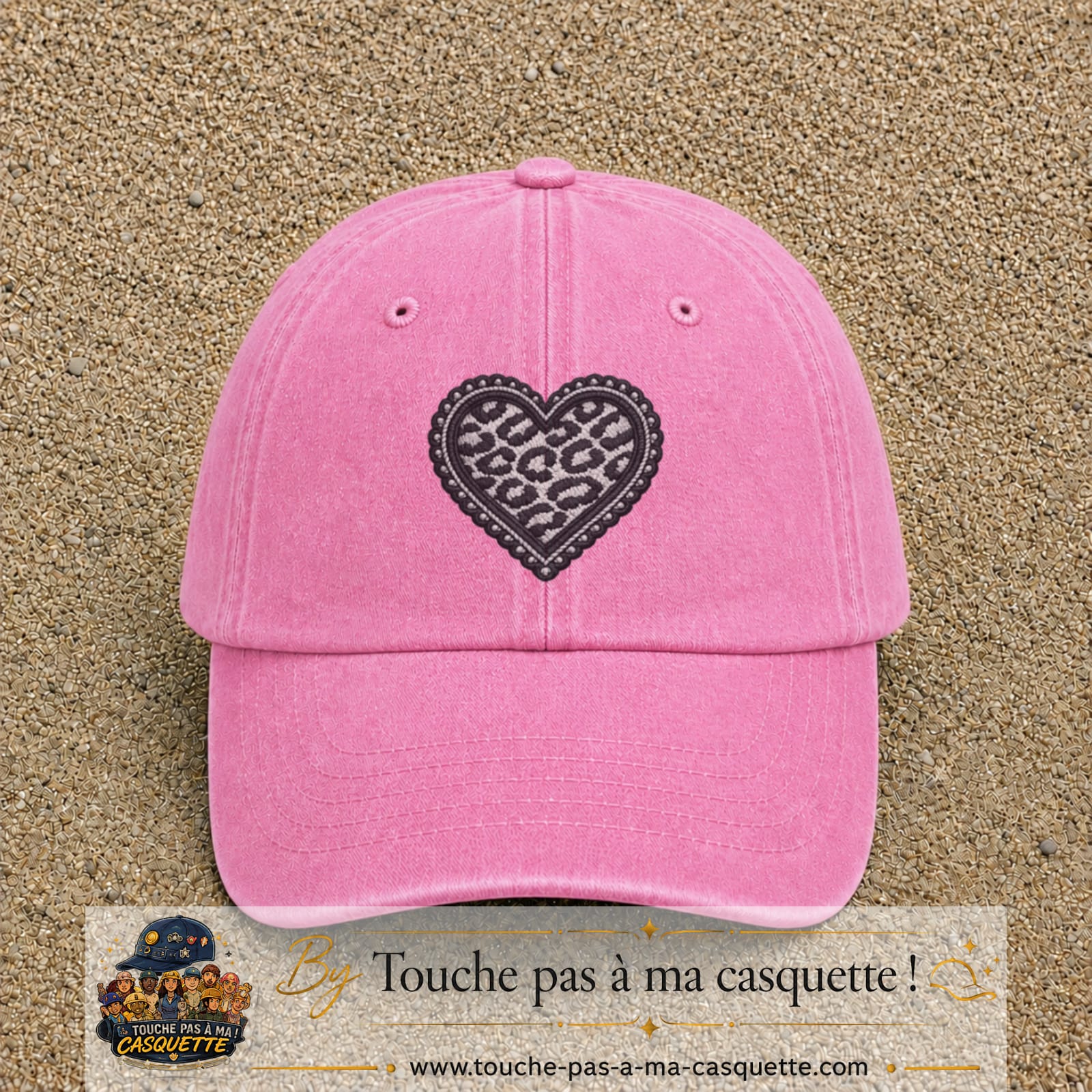Image principale produit97grosRS - casquette Rose délavé avec visuel Cœur léopard perles 7 cm
