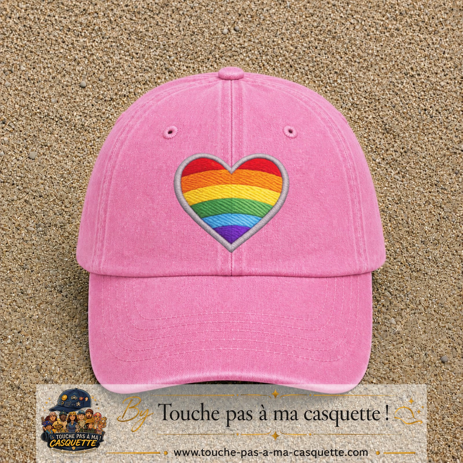 Image principale produit25grosRS - casquette Rose délavé avec visuel Cœur arc-en-ciel écusson 7 cm