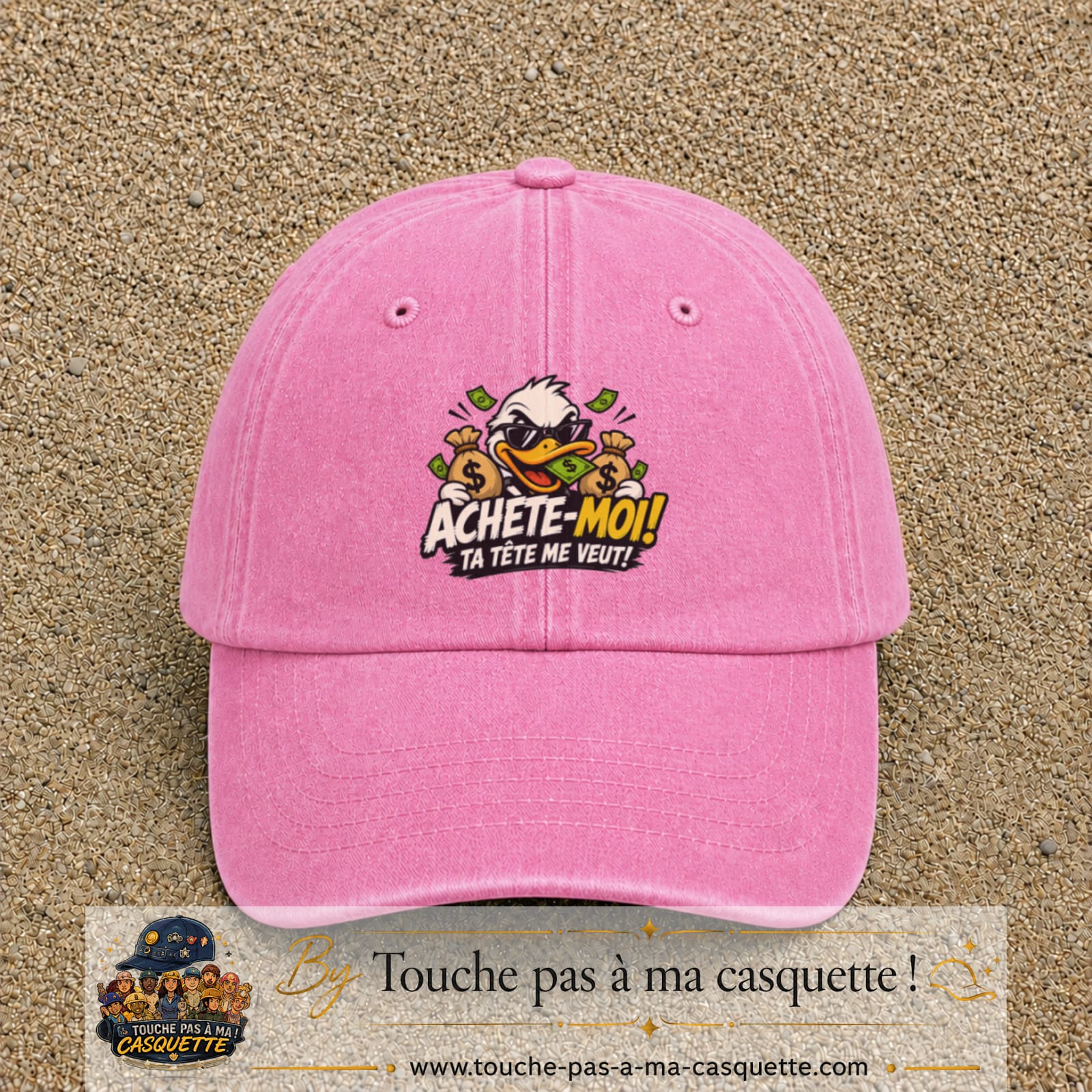 Image principale produit124grosRS - casquette Rose délavé avec visuel Canard argent 7 cm