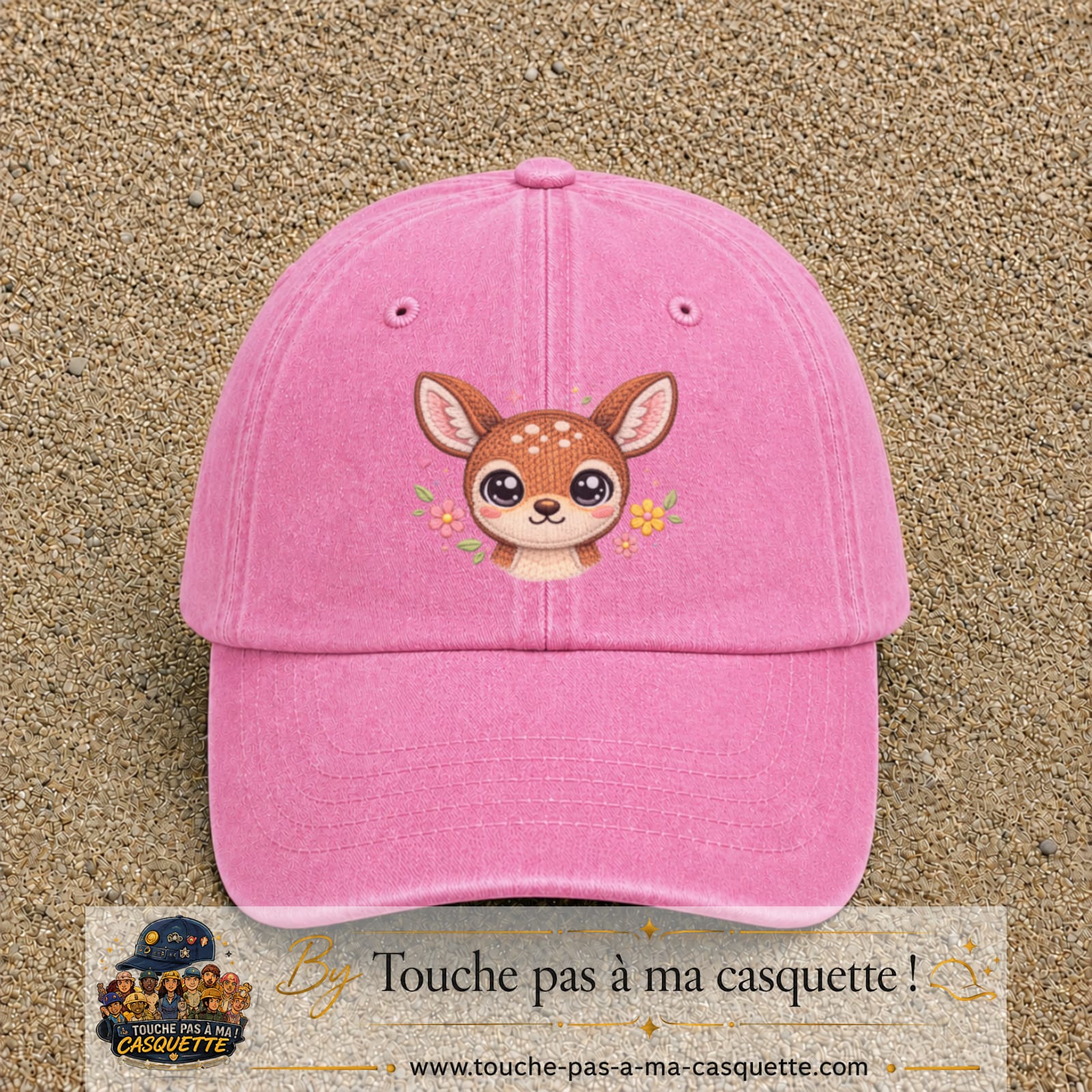Image principale produit98grosRS - casquette Rose délavé avec visuel Faon fleuri 7 cm