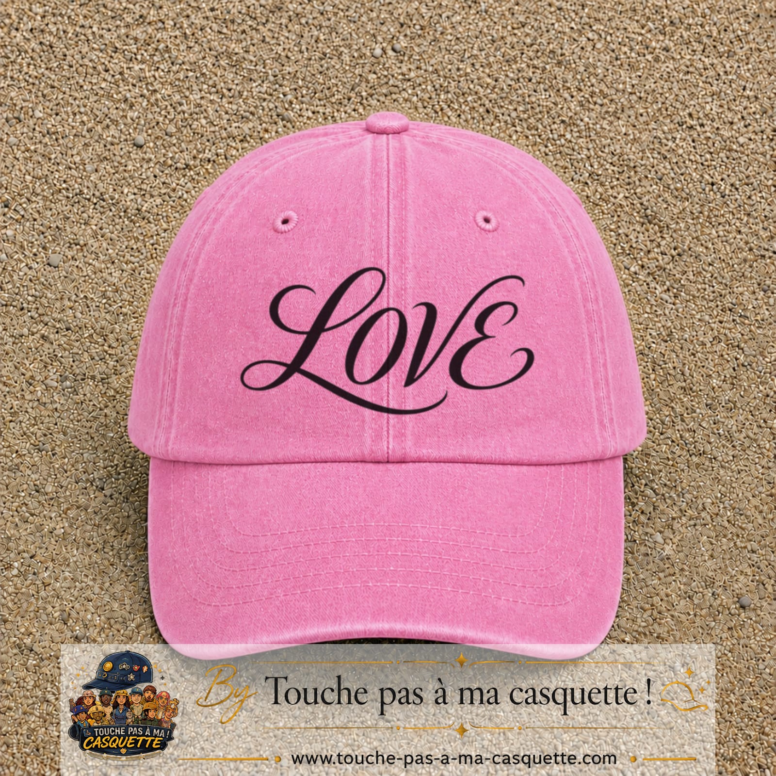 Image principale produit131grosRS - casquette Rose délavé avec visuel Love calligraphie 7 cm