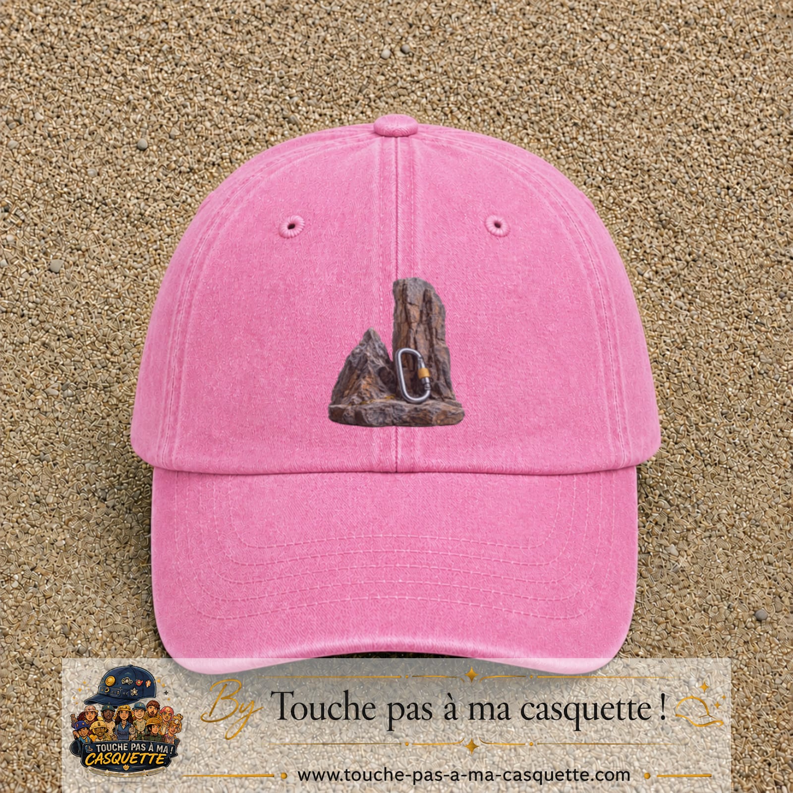 Casquette Rose délavé motif Mousqueton d’escalade logo 7 cm