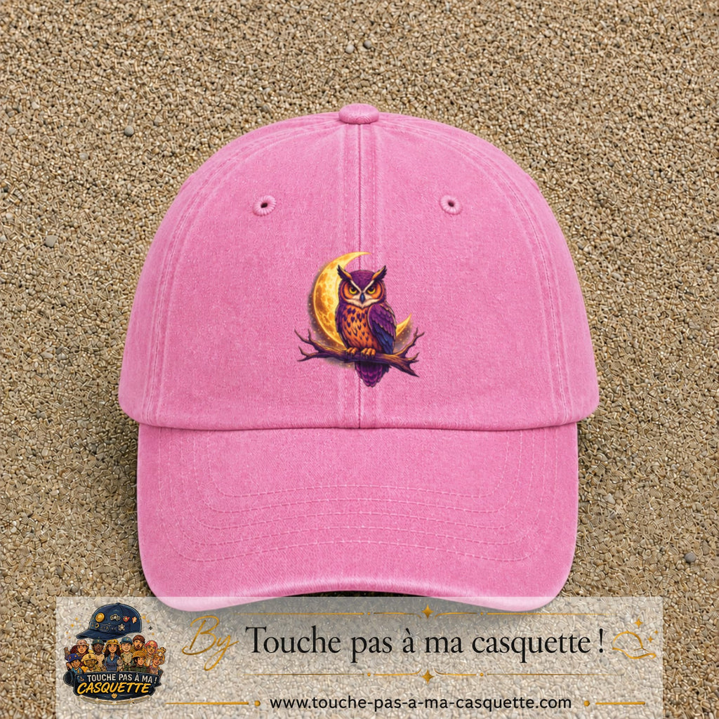 Casquette Rose délavé motif Hibou lune logo 7 cm