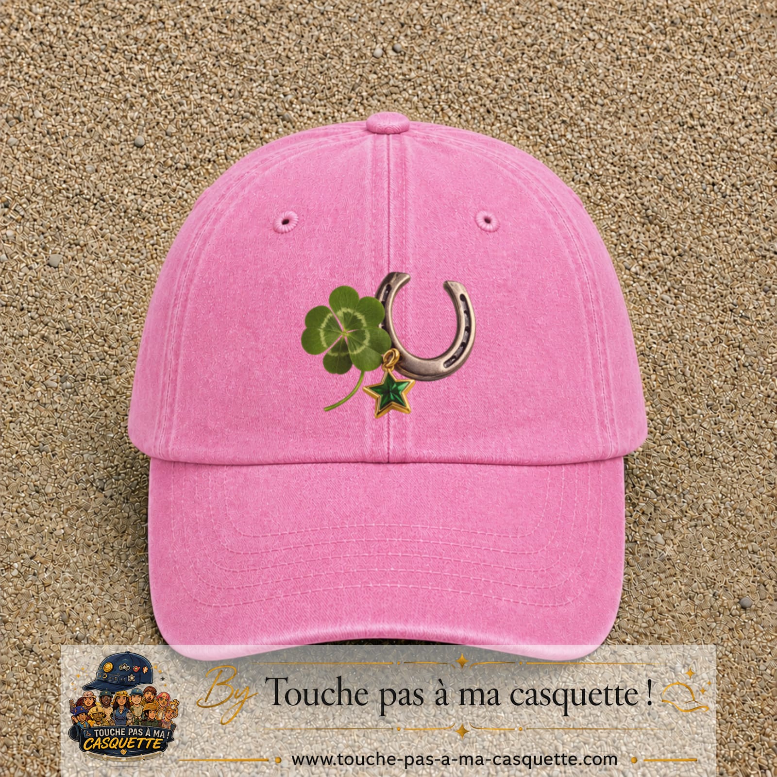 Image principale casquette Rose délavé avec motif Trèfle et fer à cheval 7 cm