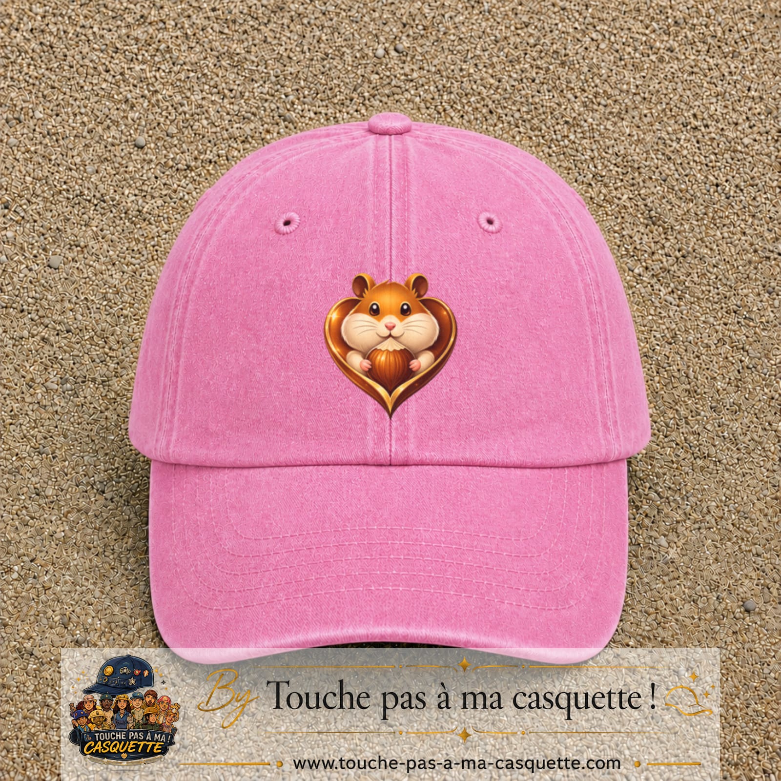Casquette Rose délavé avec motif Hamster au gland dans un cœur en 7 cm – vue principale