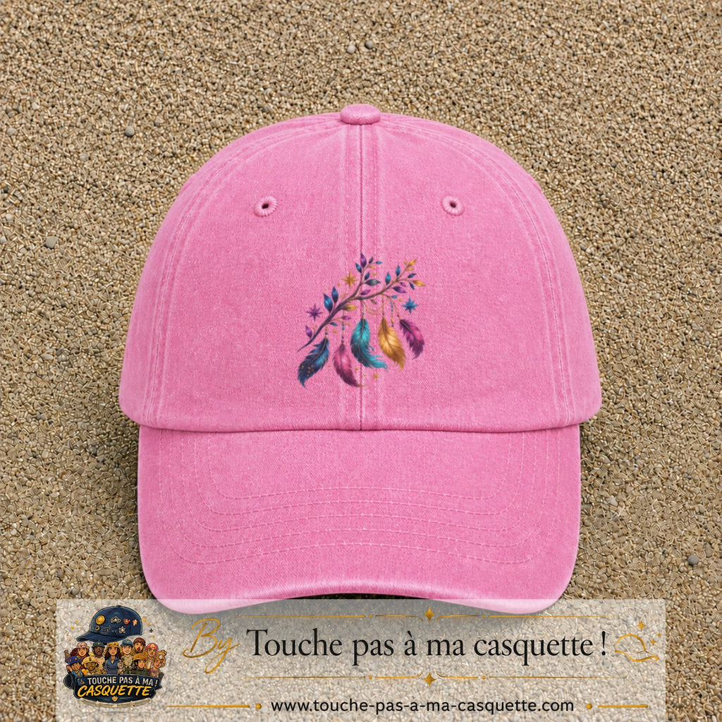 Casquette Rose délavé motif Plumes bohèmes logo 7 cm