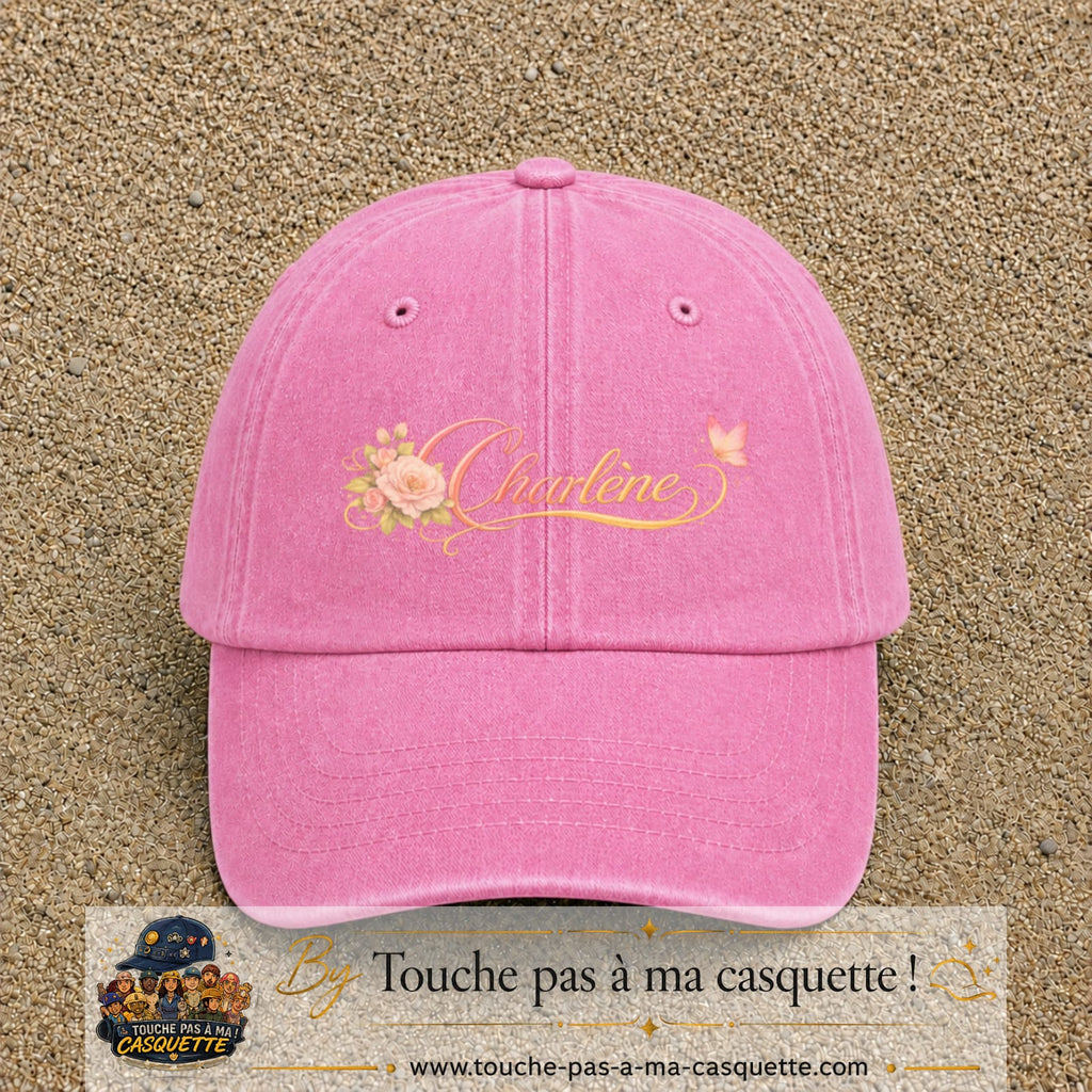 Casquette Rose délavé avec motif Prénom Charlène fleuri en 5 cm – vue principale