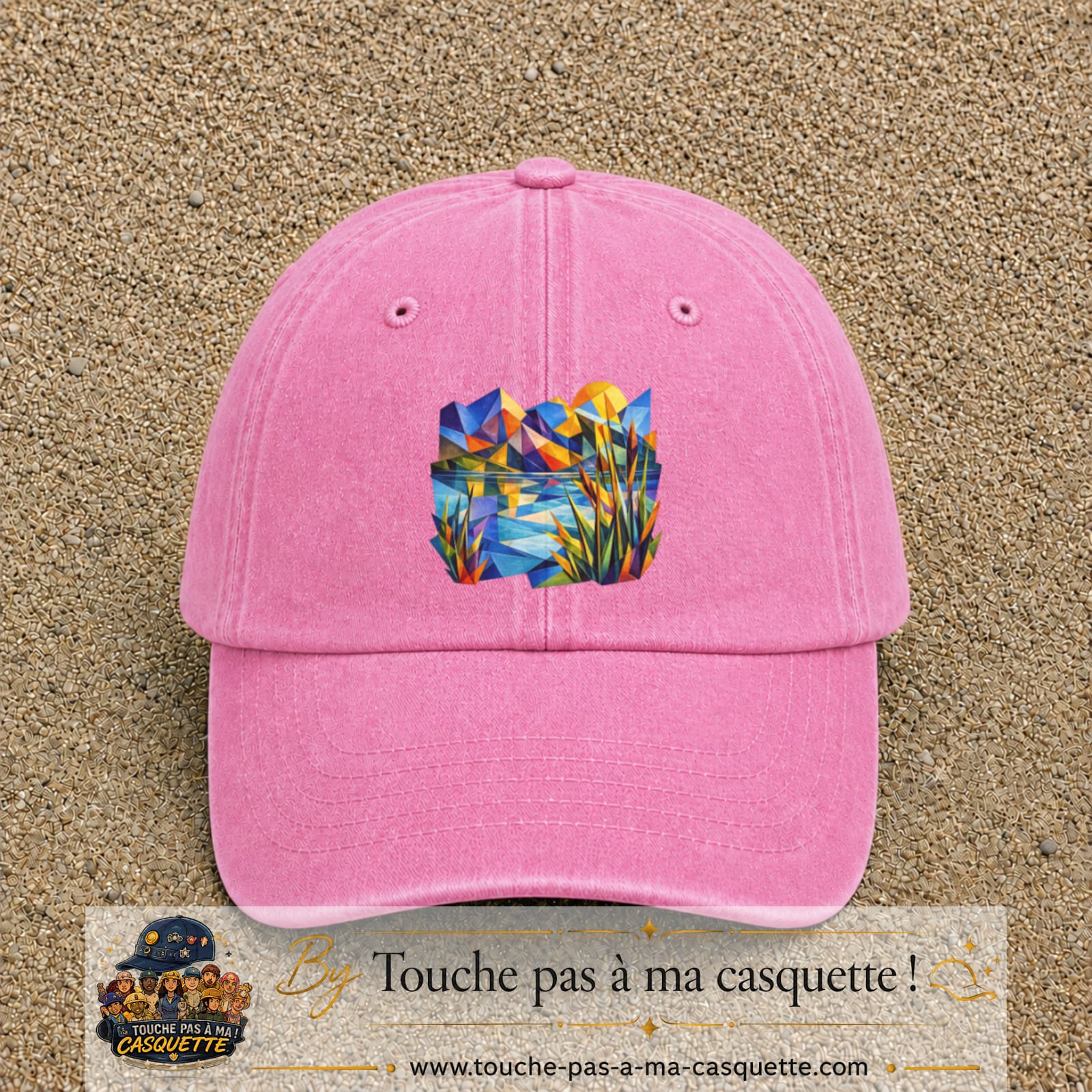 Casquette Rose délavé motif Paysage tropical géométrique logo 7 cm