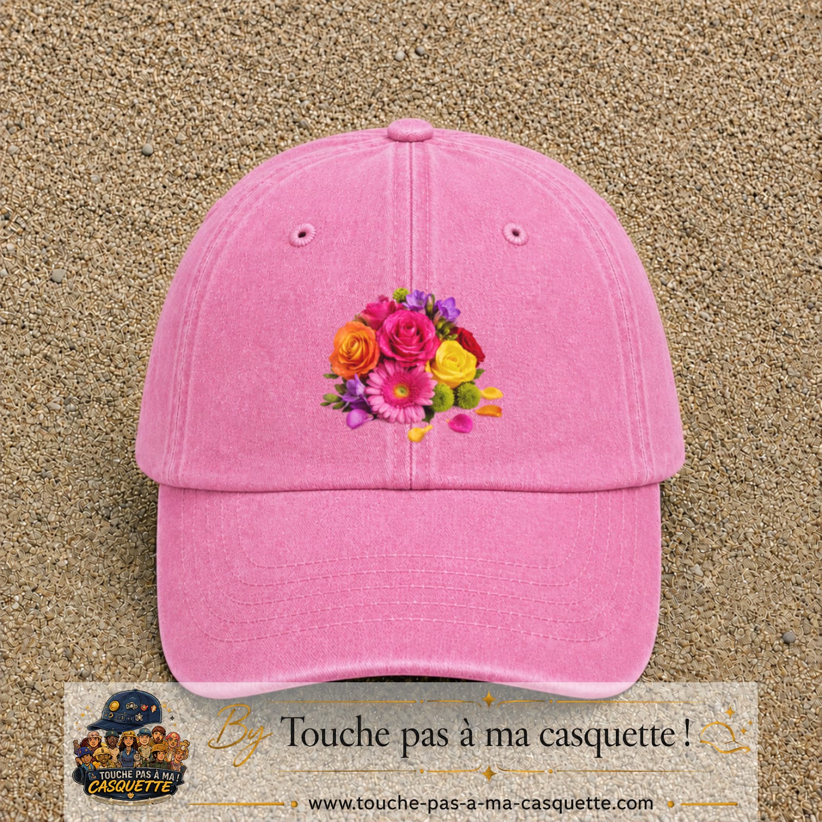 Casquette Rose délavé motif Bouquet de fleurs logo 7 cm
