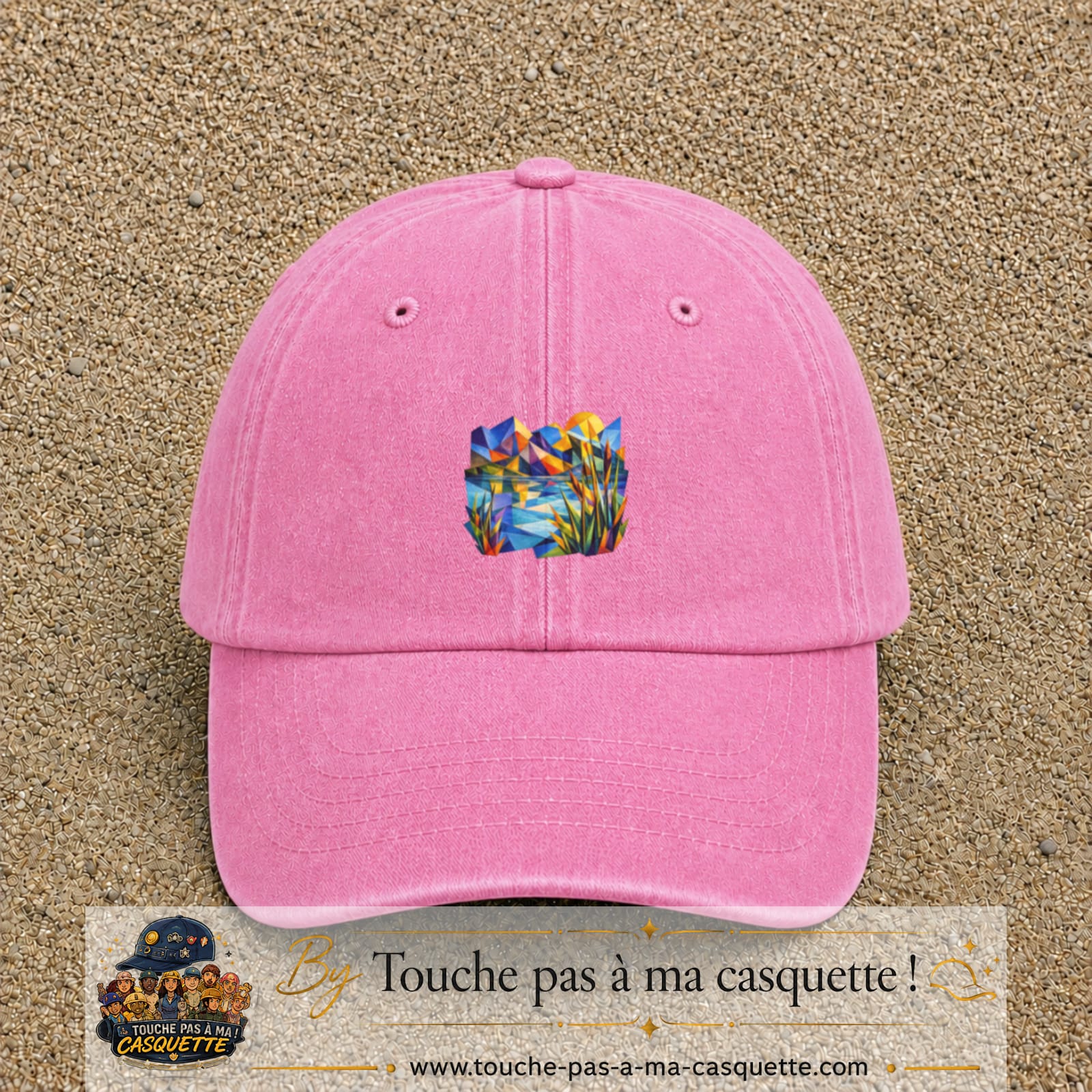 Casquette Rose délavé motif Paysage tropical géométrique logo 5 cm