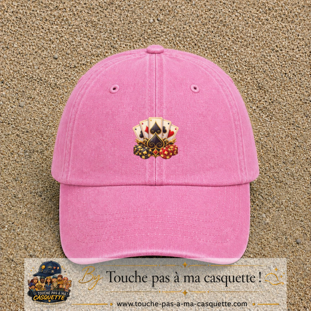 Casquette Rose délavé motif Poker cartes et jetons logo 5 cm