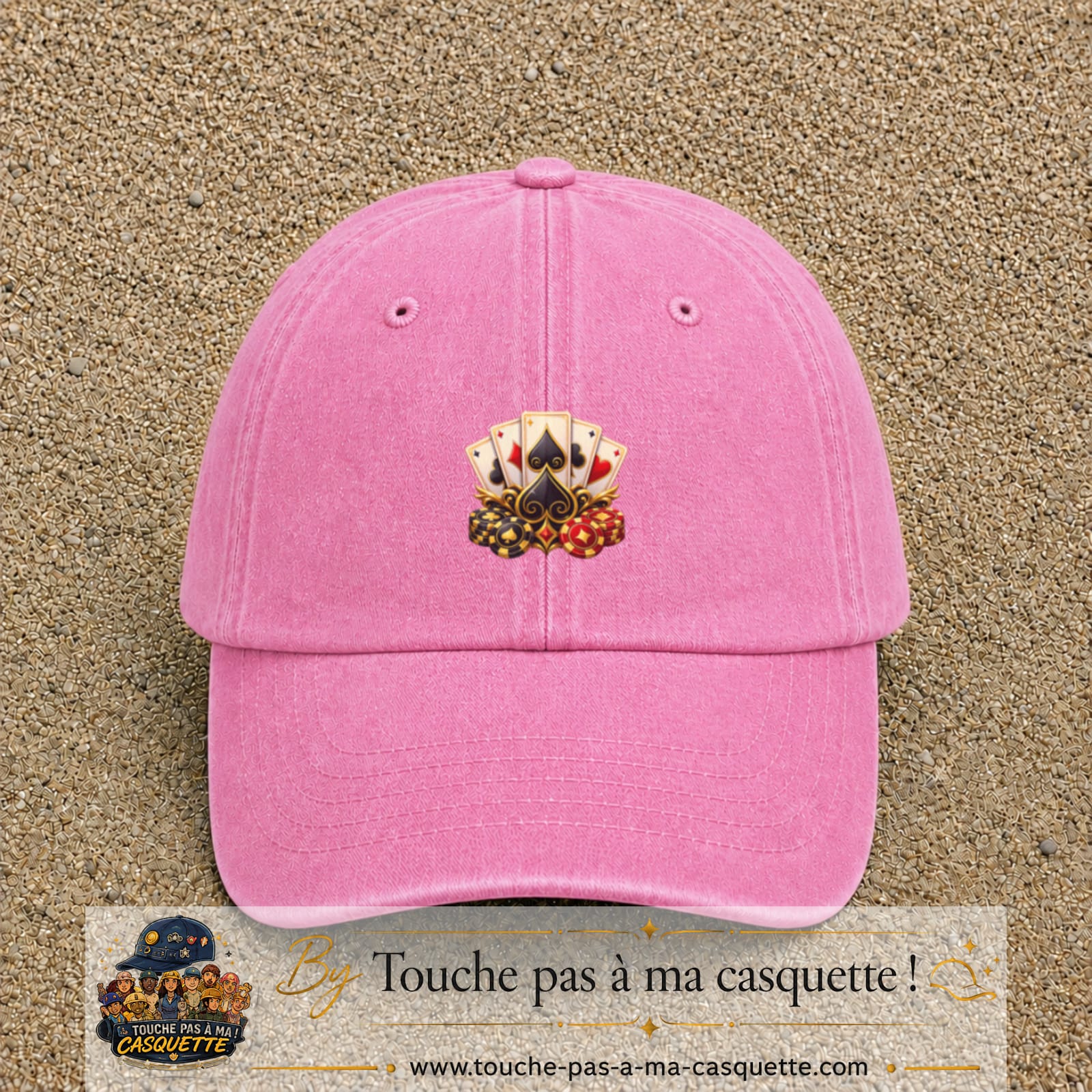 Casquette Rose délavé motif Poker cartes et jetons logo 5 cm