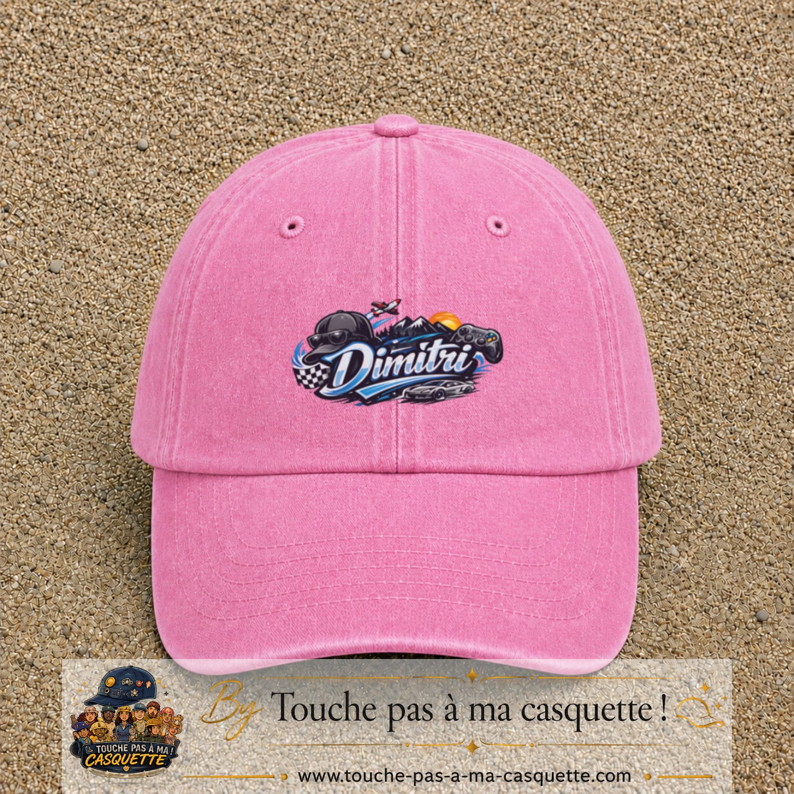 Casquette Rose délavé avec motif Prénom Dimitri univers vitesse en 5 cm – vue principale