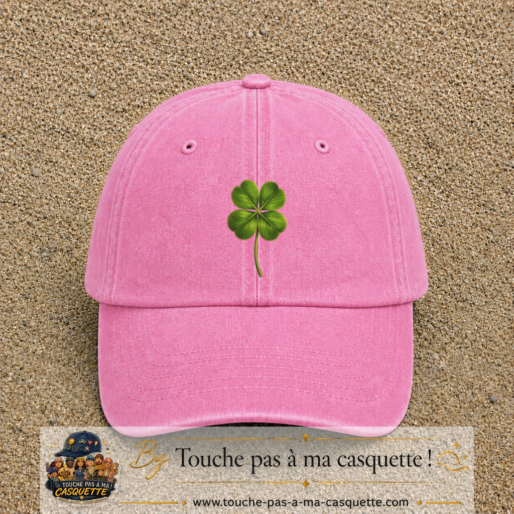 Casquette Rose délavé motif Trèfle porte-bonheur logo 7 cm