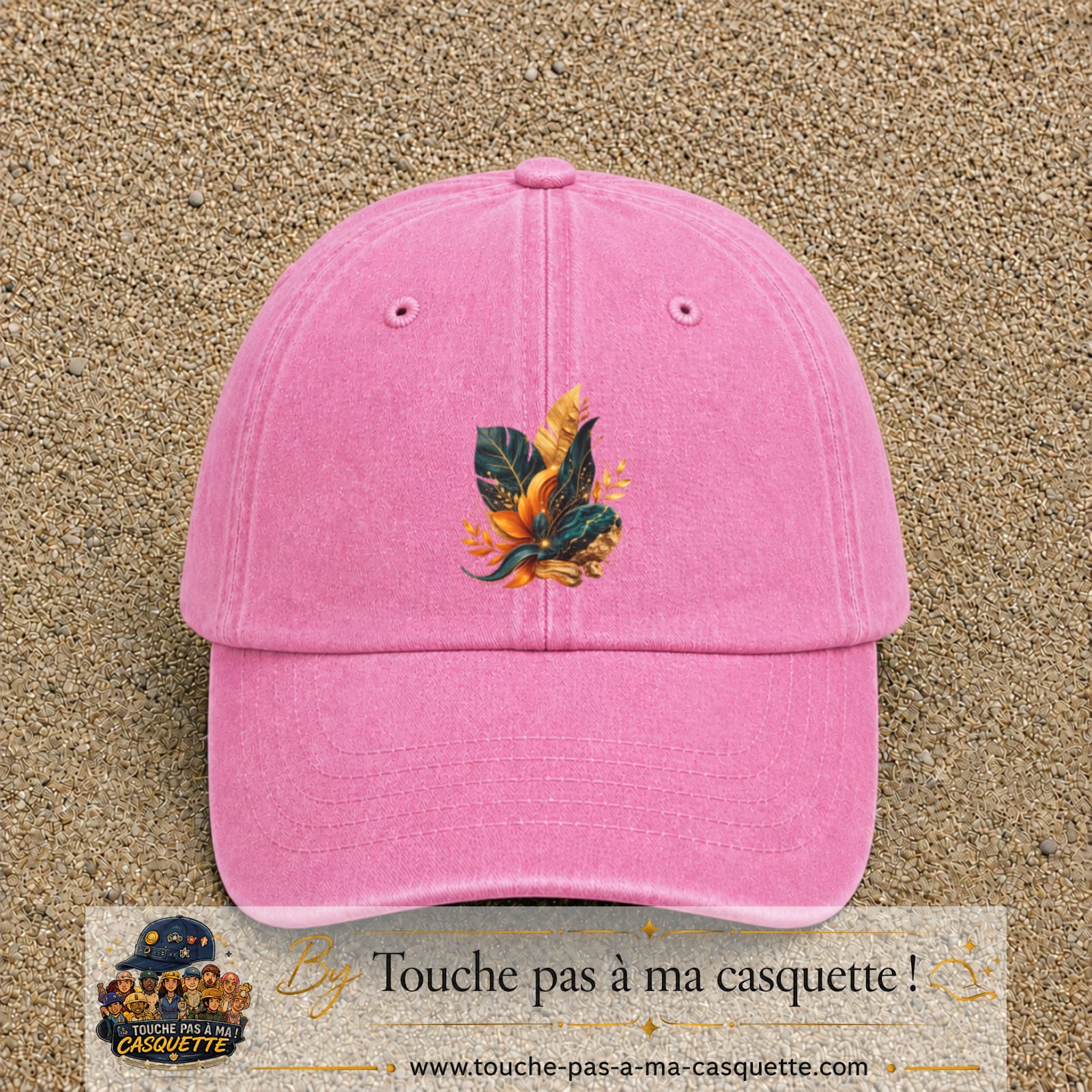 Image principale casquette Rose délavé avec motif Feuillage tropical doré 7 cm