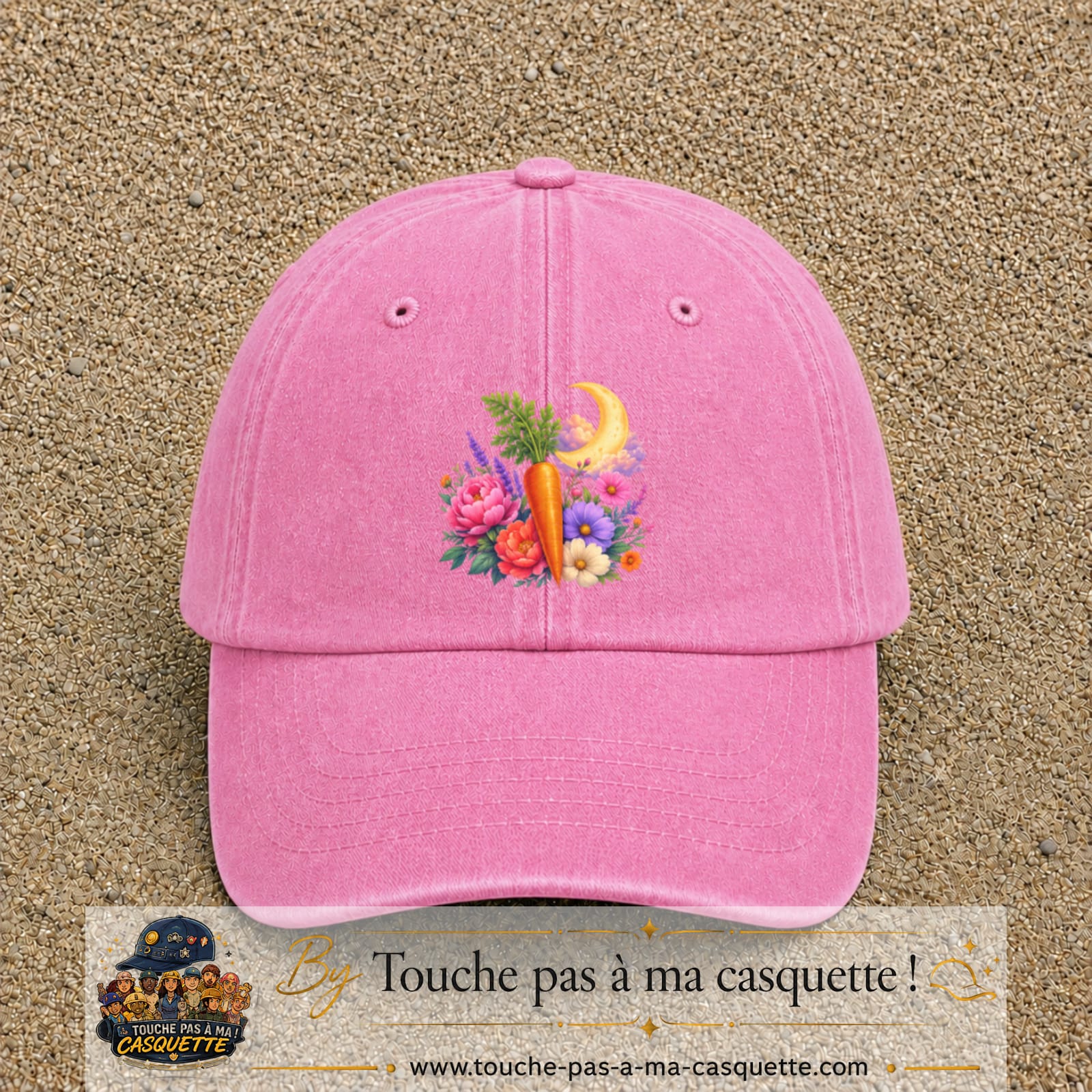 Casquette Rose délavé motif Jardin carotte fleuri logo 7 cm
