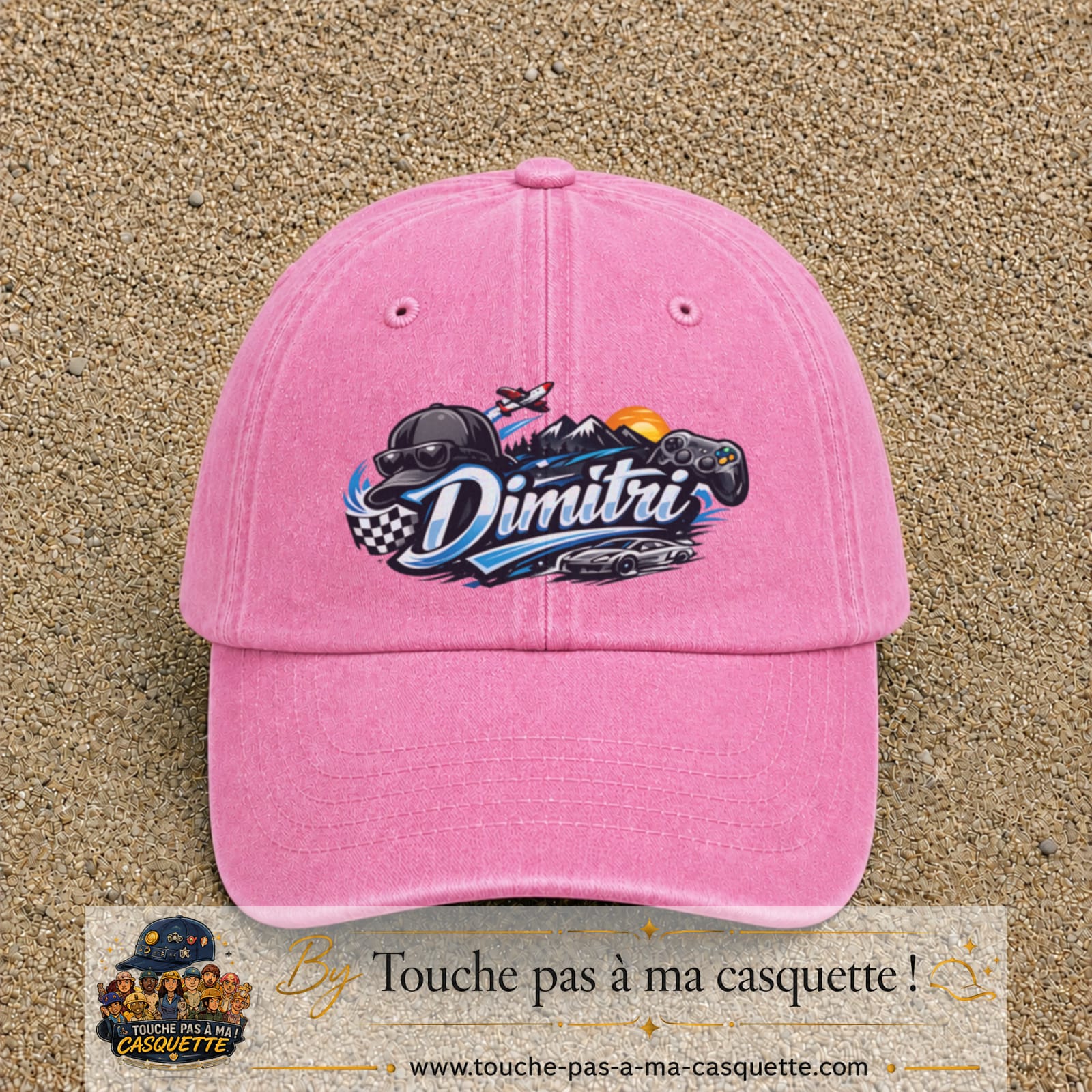 Casquette Rose délavé avec motif Prénom Dimitri univers vitesse en 7 cm – vue principale
