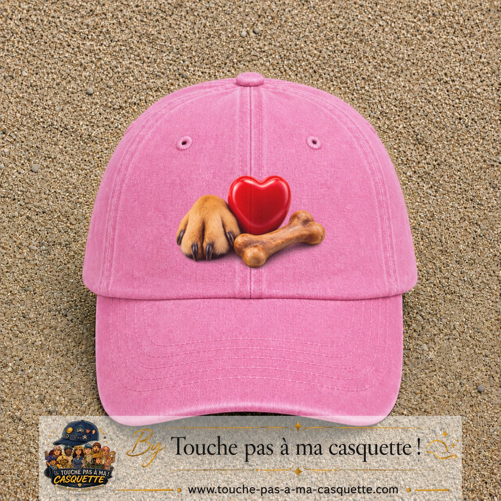 Casquette Rose délavé motif Patte de chien et cœur logo 7 cm