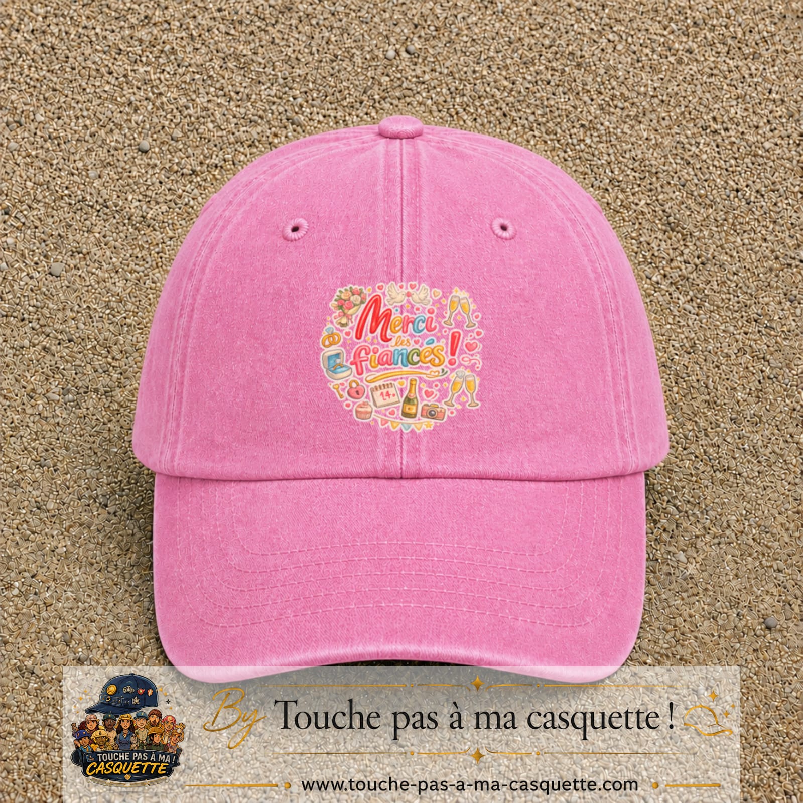Casquette Rose délavé avec motif Merci les Fiancés en 7 cm – vue principale