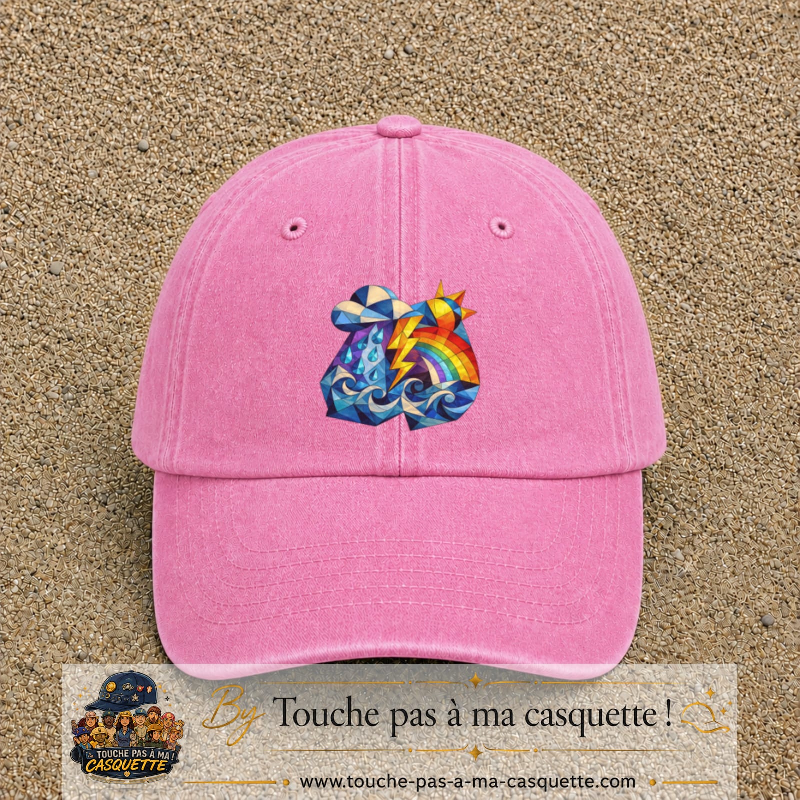 Image principale casquette Rose délavé avec motif Orage arc-en-ciel 7 cm