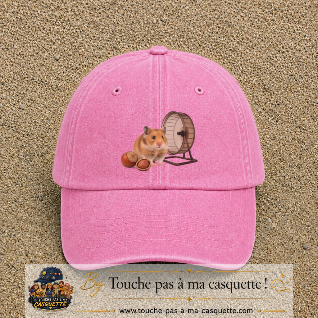 Casquette Rose délavé motif Hamster avec roue logo 7 cm