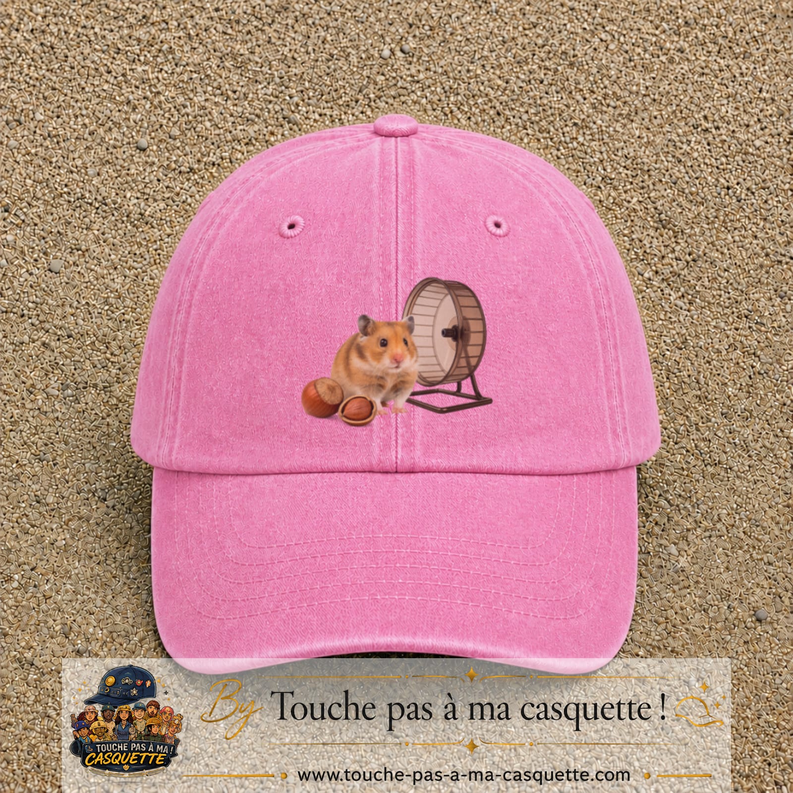 Casquette Rose délavé motif Hamster avec roue logo 7 cm