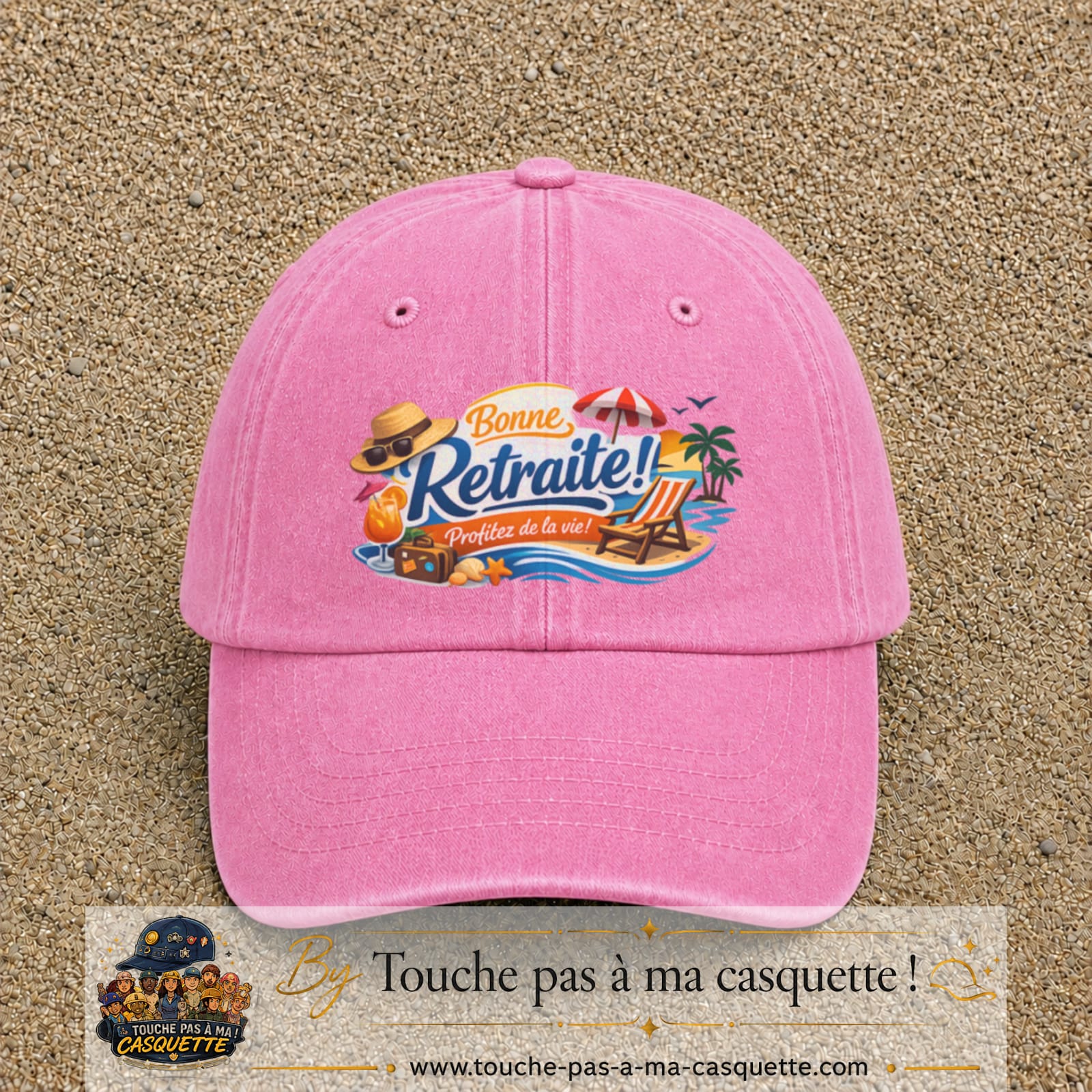 Casquette Rose délavé avec motif Bonne retraite au bord de la mer en 7 cm – vue principale