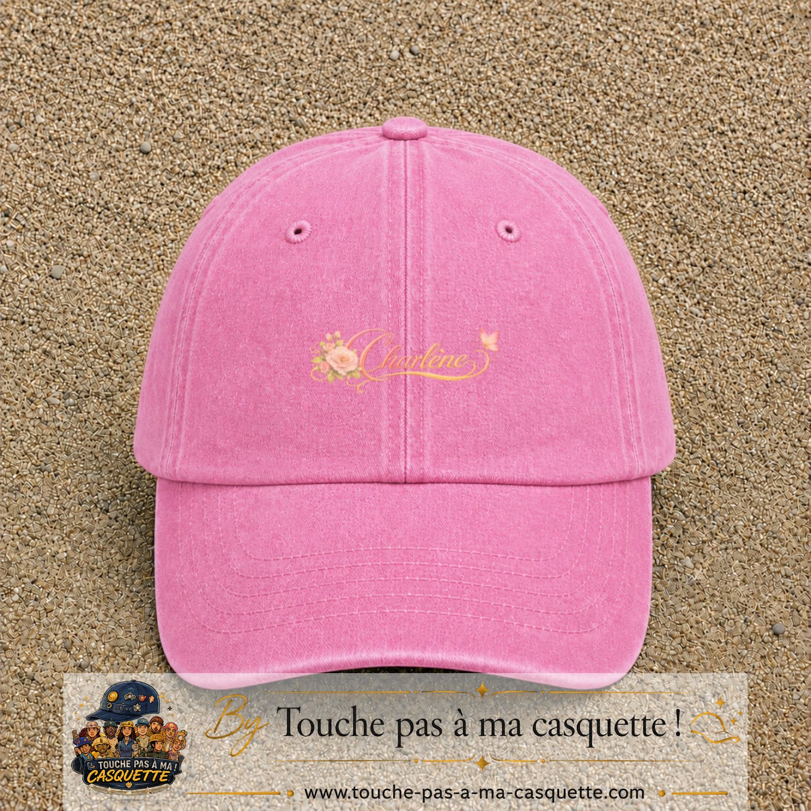 Casquette Rose délavé avec motif Prénom Charlène fleuri en 3 cm – vue principale