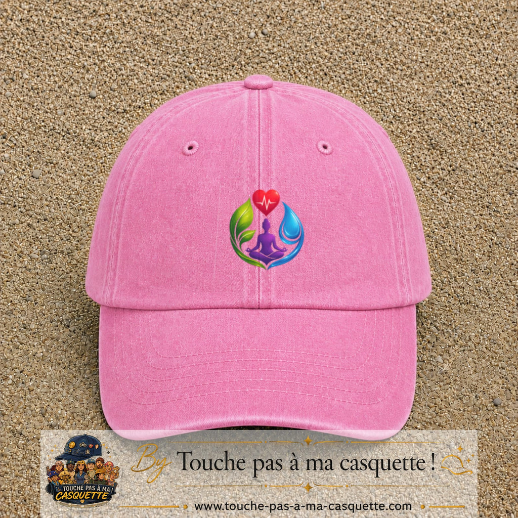 Casquette Rose délavé motif Yoga santé logo 7 cm
