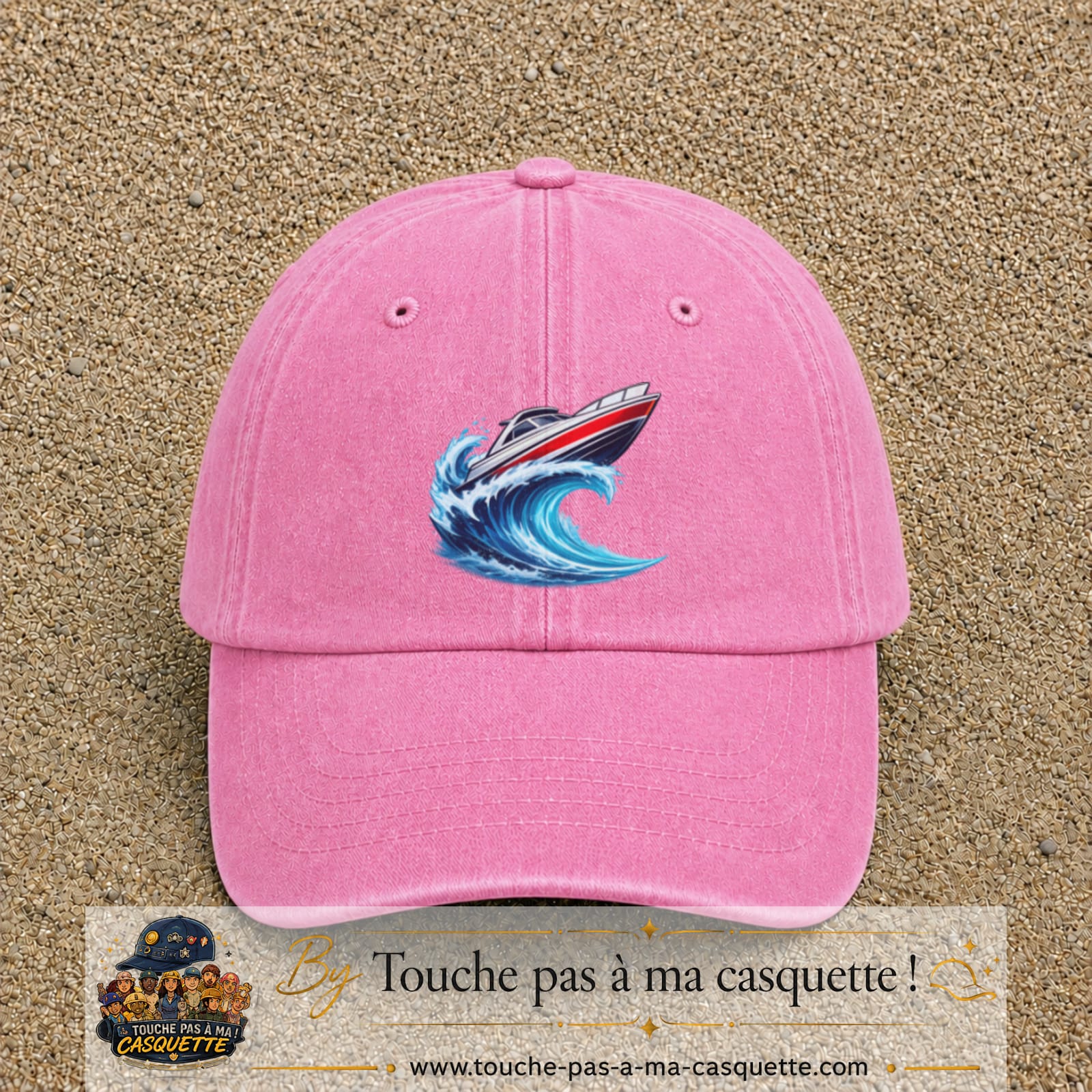 Casquette Rose délavé avec motif Bateau à moteur sur vague en 7 cm – vue principale