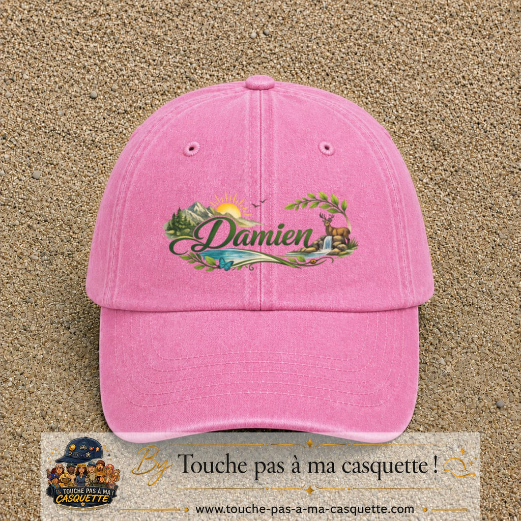 Casquette Rose délavé avec motif Prénom Damien nature et cerf en 7 cm – vue principale