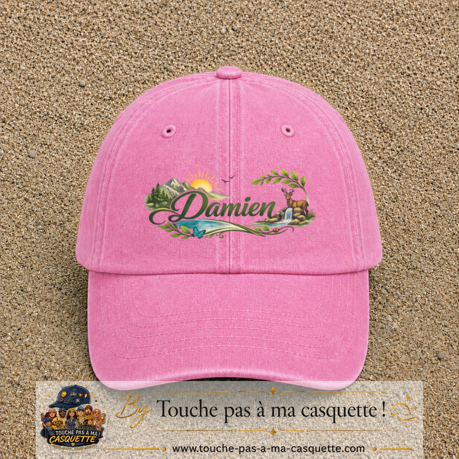Casquette Rose délavé avec motif Prénom Damien nature et cerf en 7 cm – vue principale
