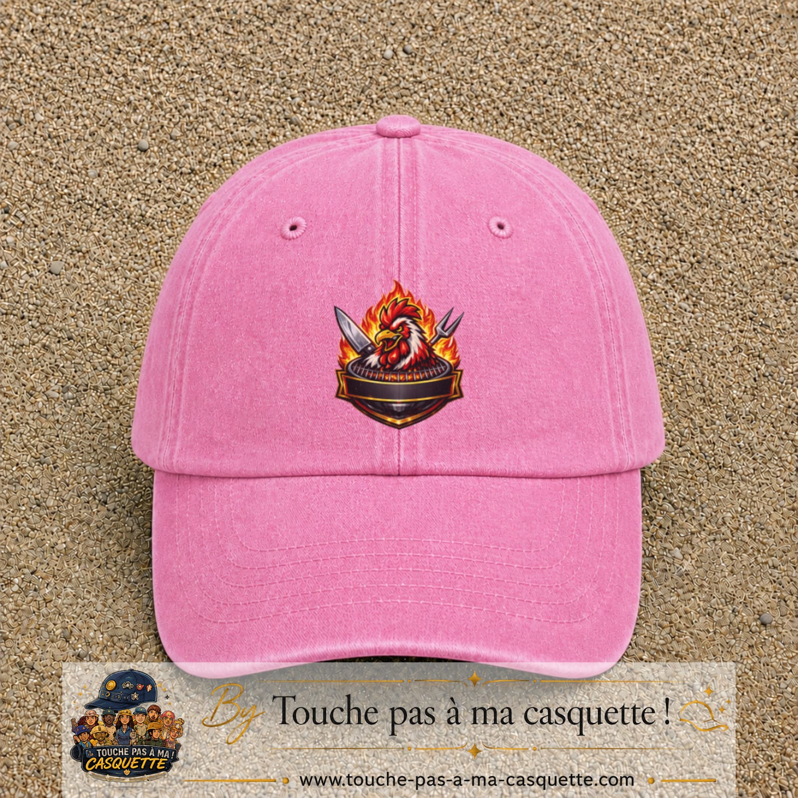 Casquette Rose délavé motif Coq barbecue logo 7 cm