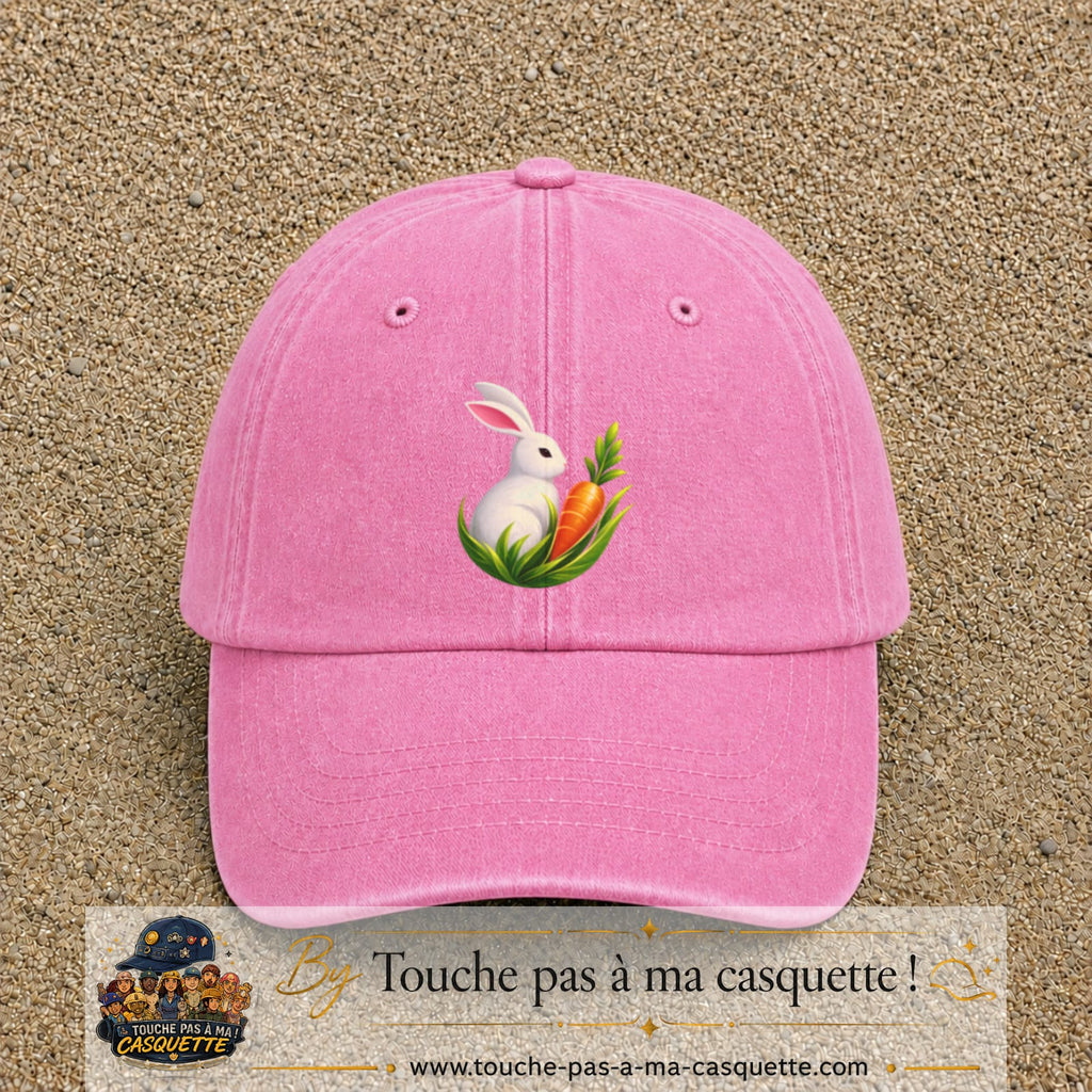 Casquette Rose délavé motif Lapin blanc avec carotte logo 7 cm