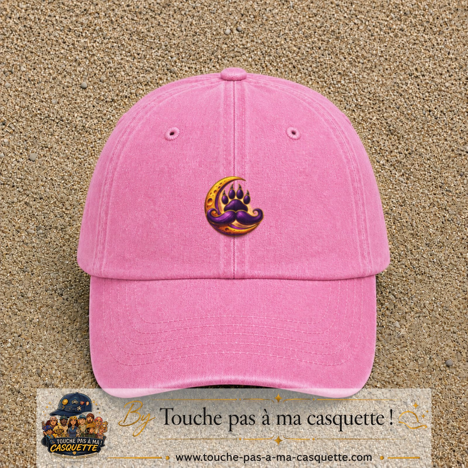 Casquette Rose délavé avec motif Patte moustachue sur lune en 5 cm – vue principale
