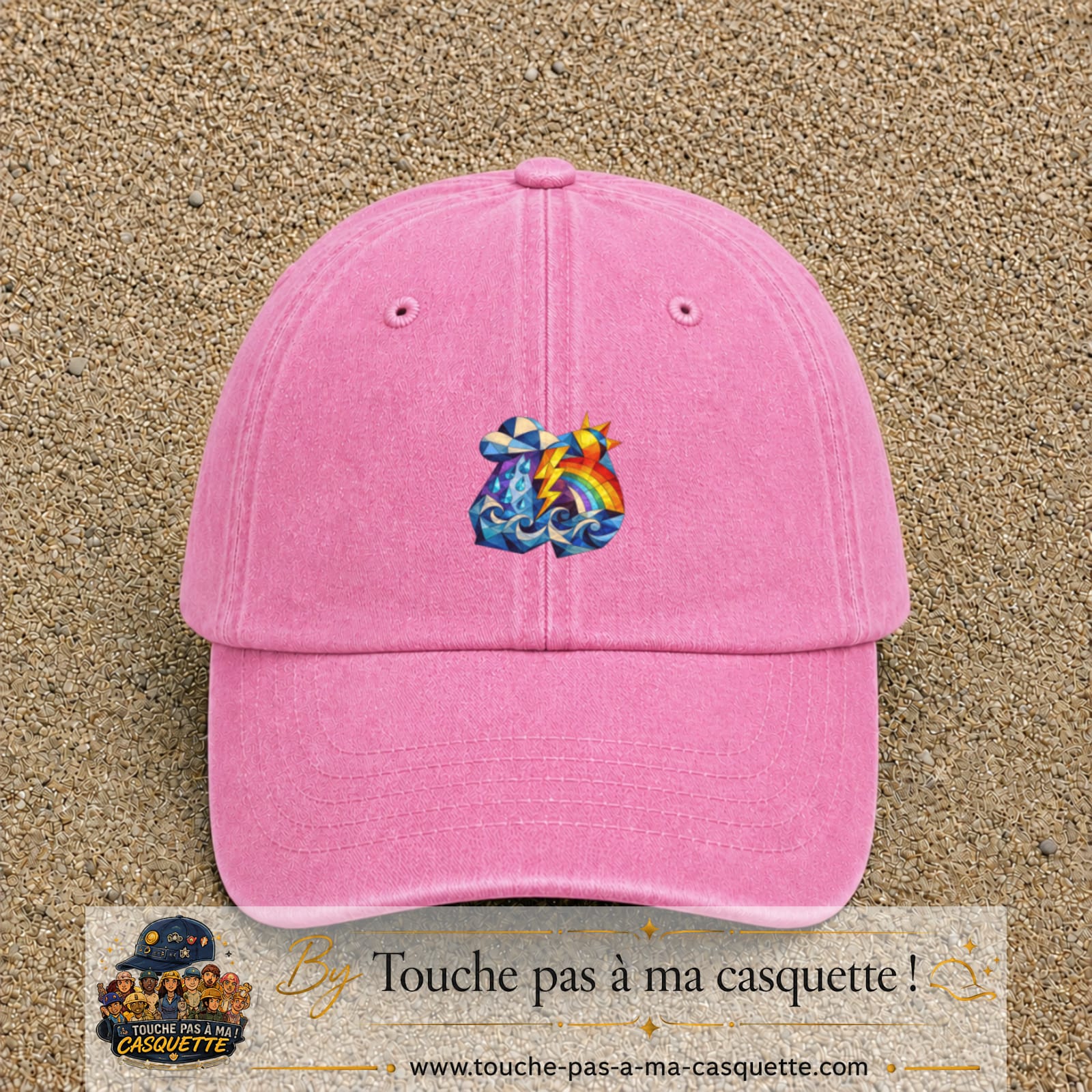 Image principale casquette Rose délavé avec motif Orage arc-en-ciel 5 cm