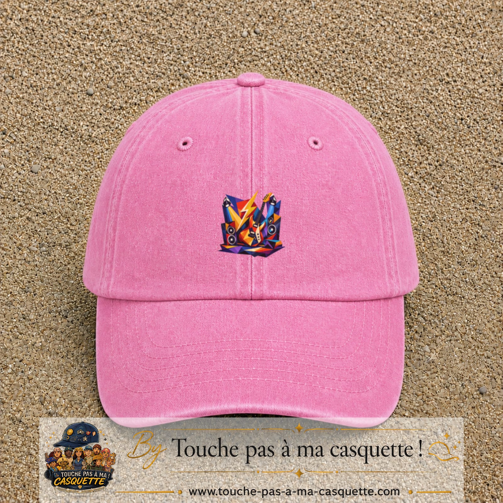Casquette Rose délavé motif Guitare rock logo 5 cm