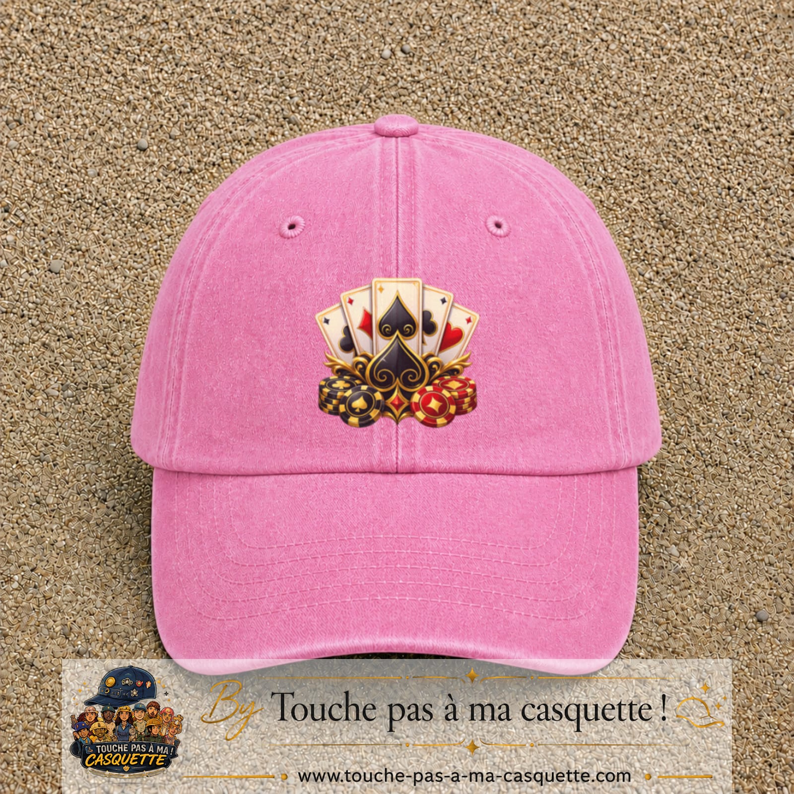 Casquette Rose délavé motif Poker cartes et jetons logo 7 cm