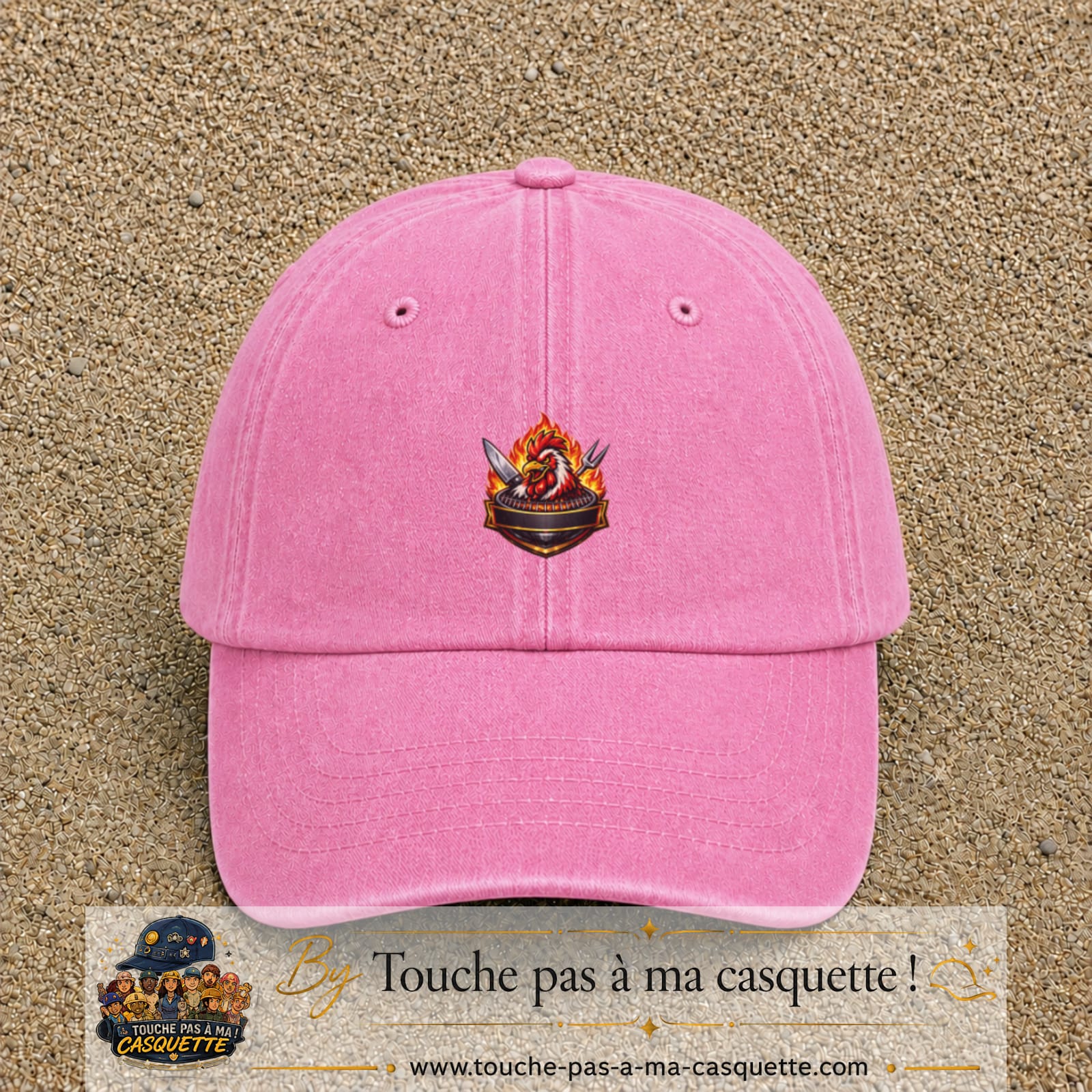 Casquette Rose délavé motif Coq barbecue logo 5 cm