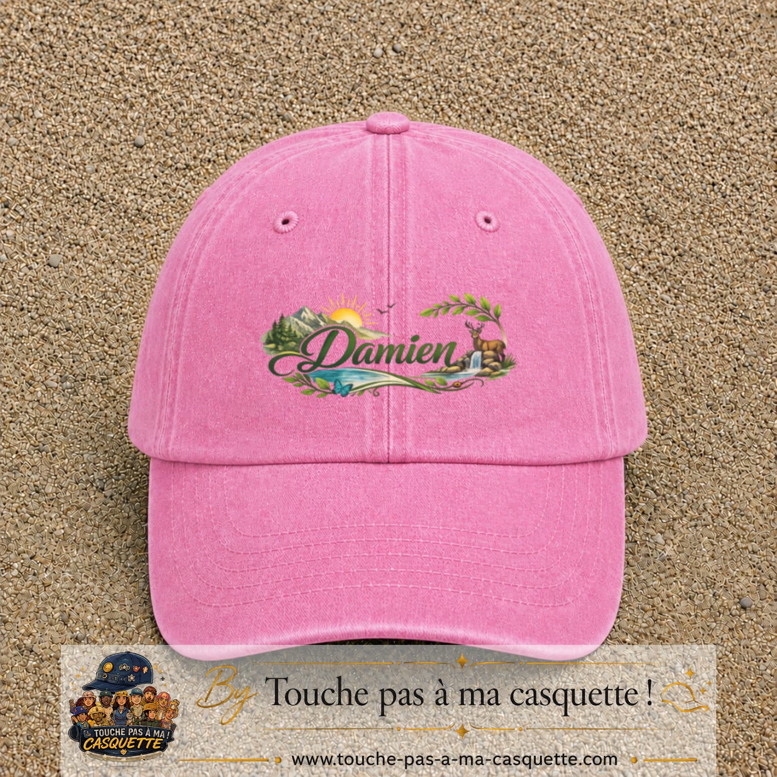 Casquette Rose délavé avec motif Prénom Damien nature et cerf en 5 cm – vue principale