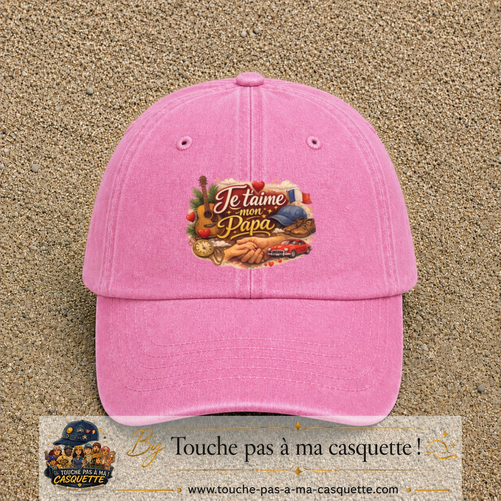 Casquette Rose délavé avec motif Je t’aime mon Papa et ses passions en 7 cm – vue principale