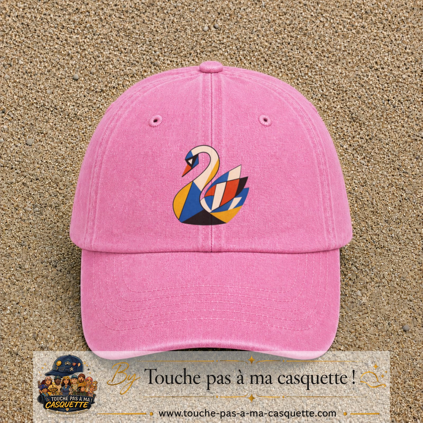 Image principale produit163grosRS - casquette Rose délavé avec visuel Cygne géométrique 7 cm