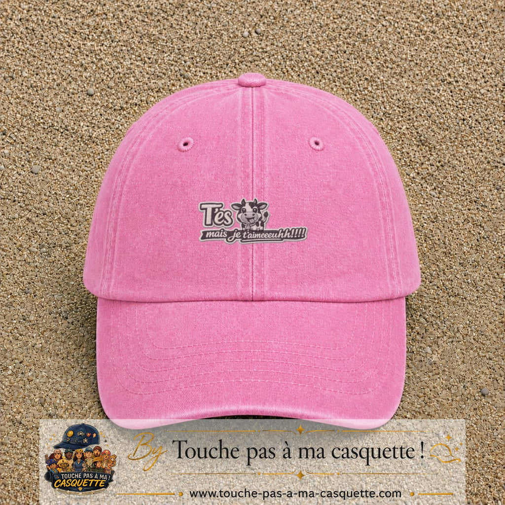 Image principale produit122petitRS - casquette Rose délavé avec visuel Vache message français 3 cm