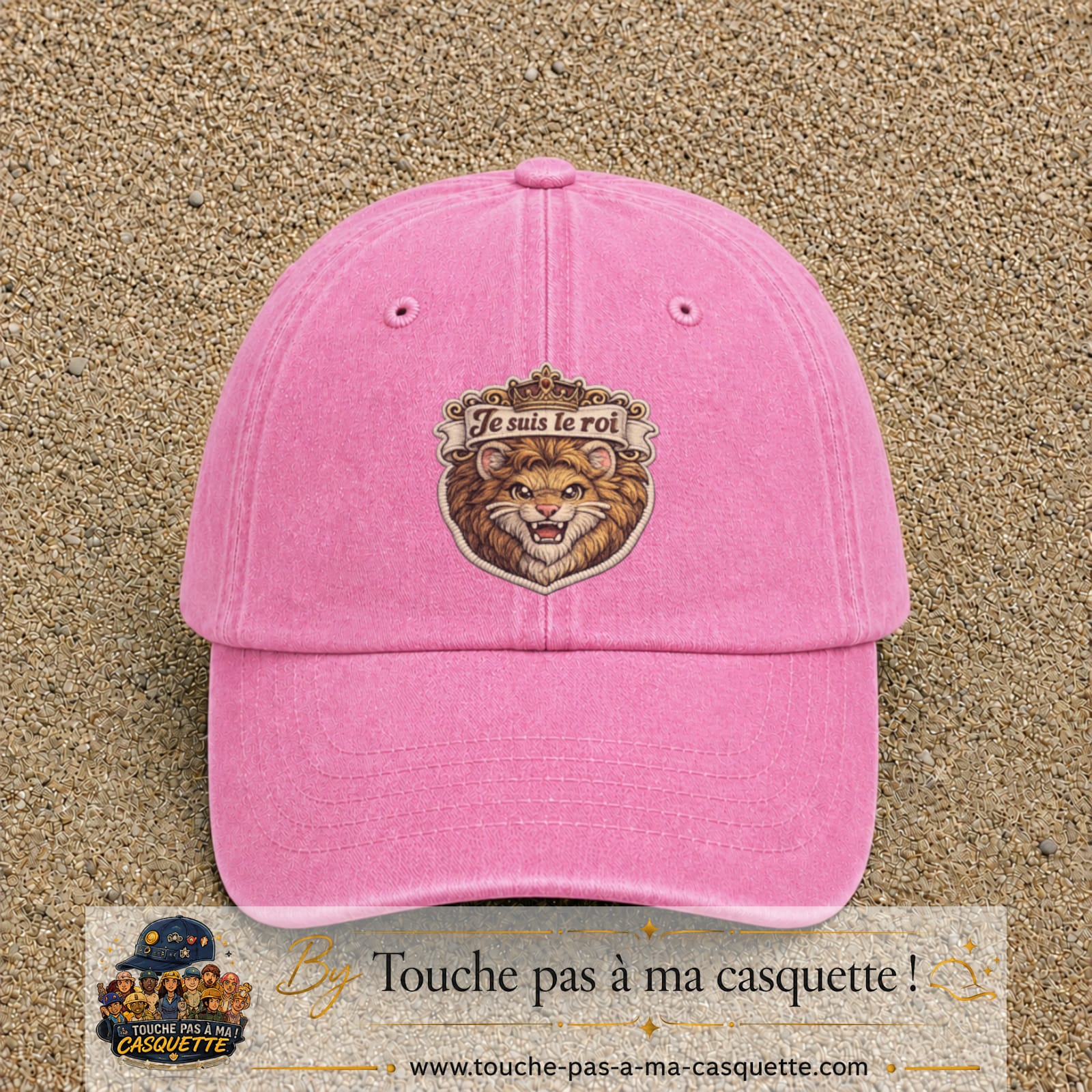Image principale produit40grosRS - casquette Rose délavé avec visuel Lion roi je suis le roi 7 cm